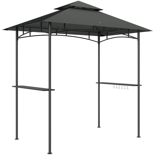 Outsunny 8' x 5' Grill Gazebo, Double Tiered BBQ Gazebo Shelter Canopy with LED Lights, 2 Side Shelves, Hooks, Dark Grey