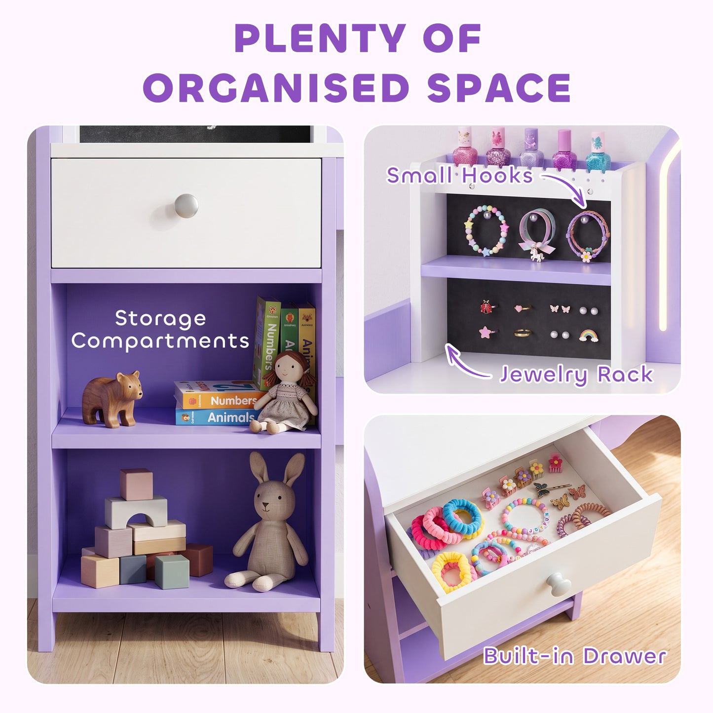 AIYAPLAY Kids Vanity Set, Girls Dressing Table with Stool, 2-Colour Lights Mirror, Pretend Dresser Gift for Ages 3-8, Purple