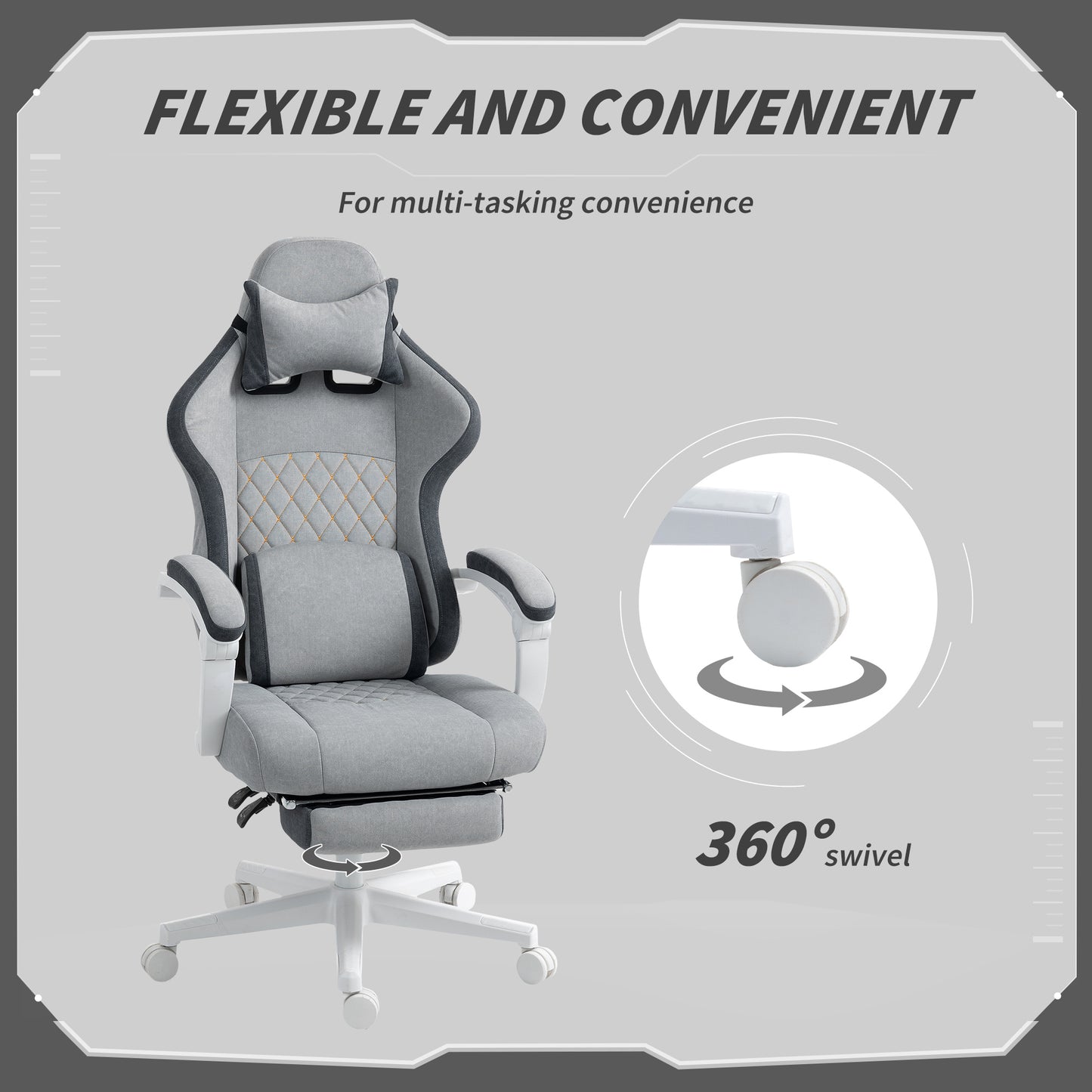 HOMCOM Ergonomic High Back Gaming Chair for Adults, Printed Velvet Computer Recliner Chair with Footrest, Lumbar Support, Adjustable Height and 360Â° Swivel Seat for Office or Gaming, Grey