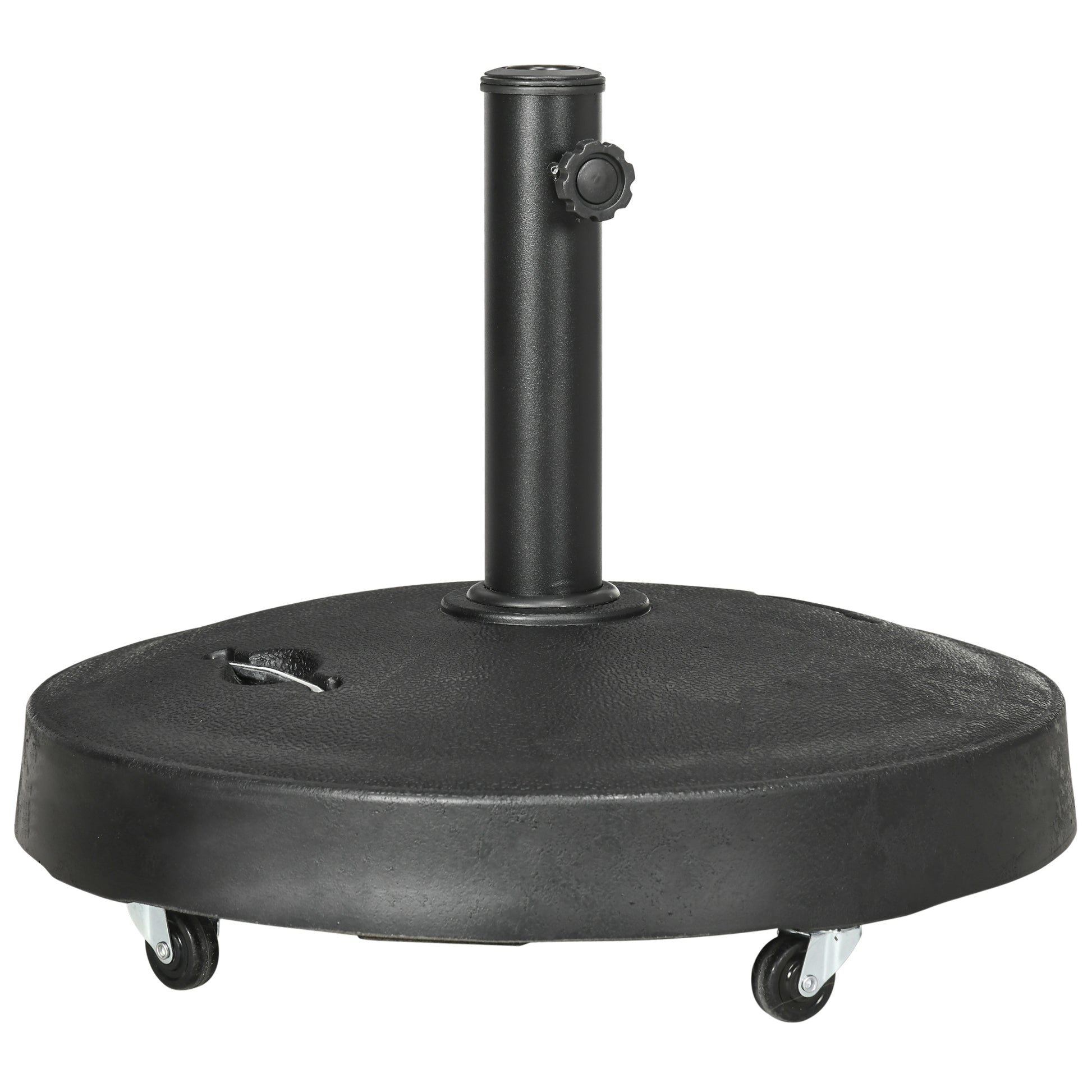 Outsunny 25kg Resin Garden Parasol Base with Wheels and Retractable Handles, Round Outdoor Market Umbrella Stand Weight for Poles of Î¦38mm to Î¦48mm, Black