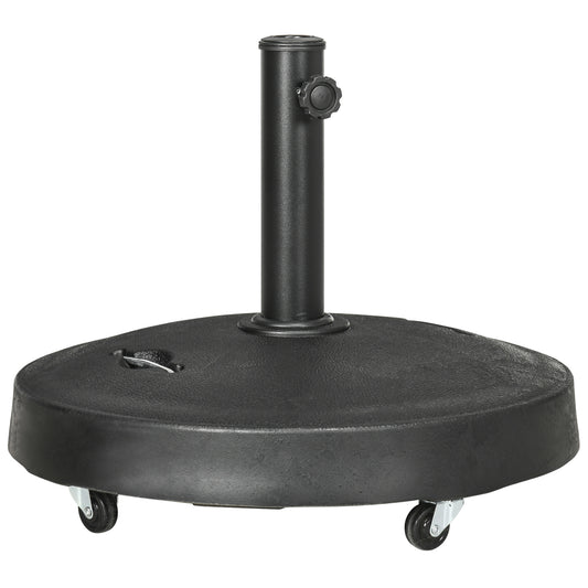 Outsunny 25kg Resin Garden Parasol Base with Wheels and Retractable Handles, Round Outdoor Market Umbrella Stand Weight for Poles of Î¦38mm to Î¦48mm, Black
