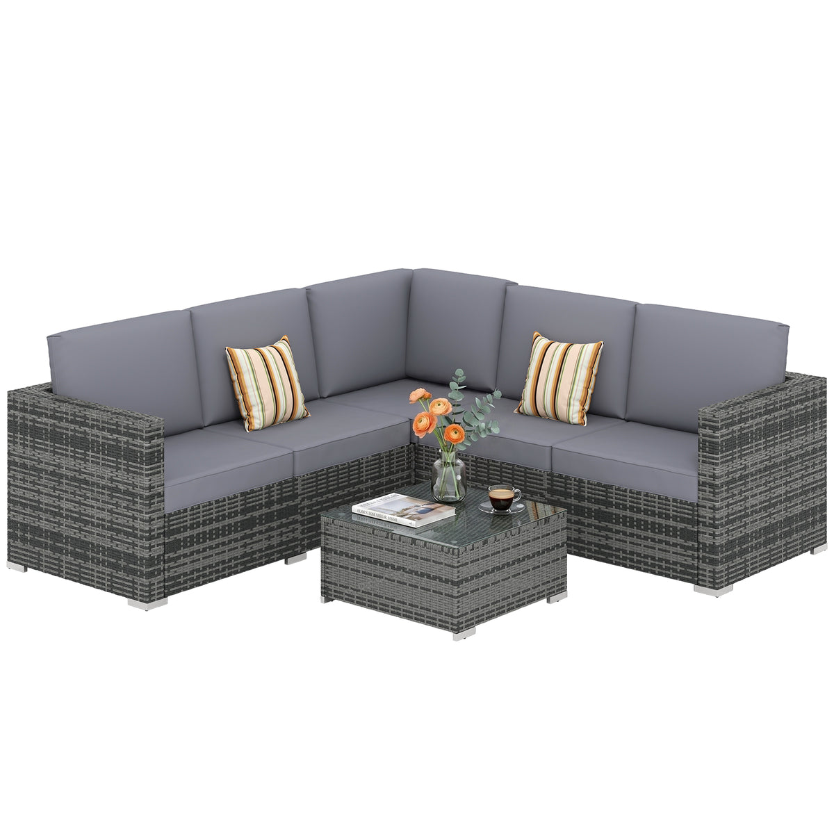 Outsunny Luxury 5 Seater Rattan Garden Furniture Set, 4 Pieces Outdoor Patio Conversation Set with Wide Seats, 220gsm Polyester Cushions, Tempered Glass Table, Corner Sofa, Loveseat, Grey Default Title