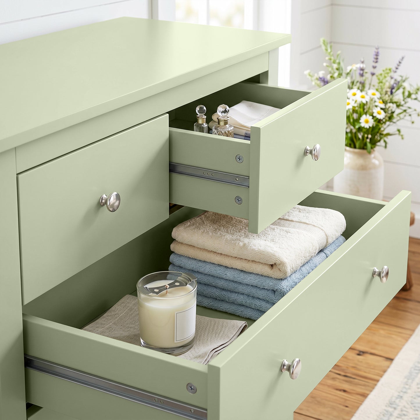 HOMCOM 5 Drawer Dresser for Bedroom, Modern Chest of Drawers, Wide Storage Unit for Living Room, Hallway, Sage Green