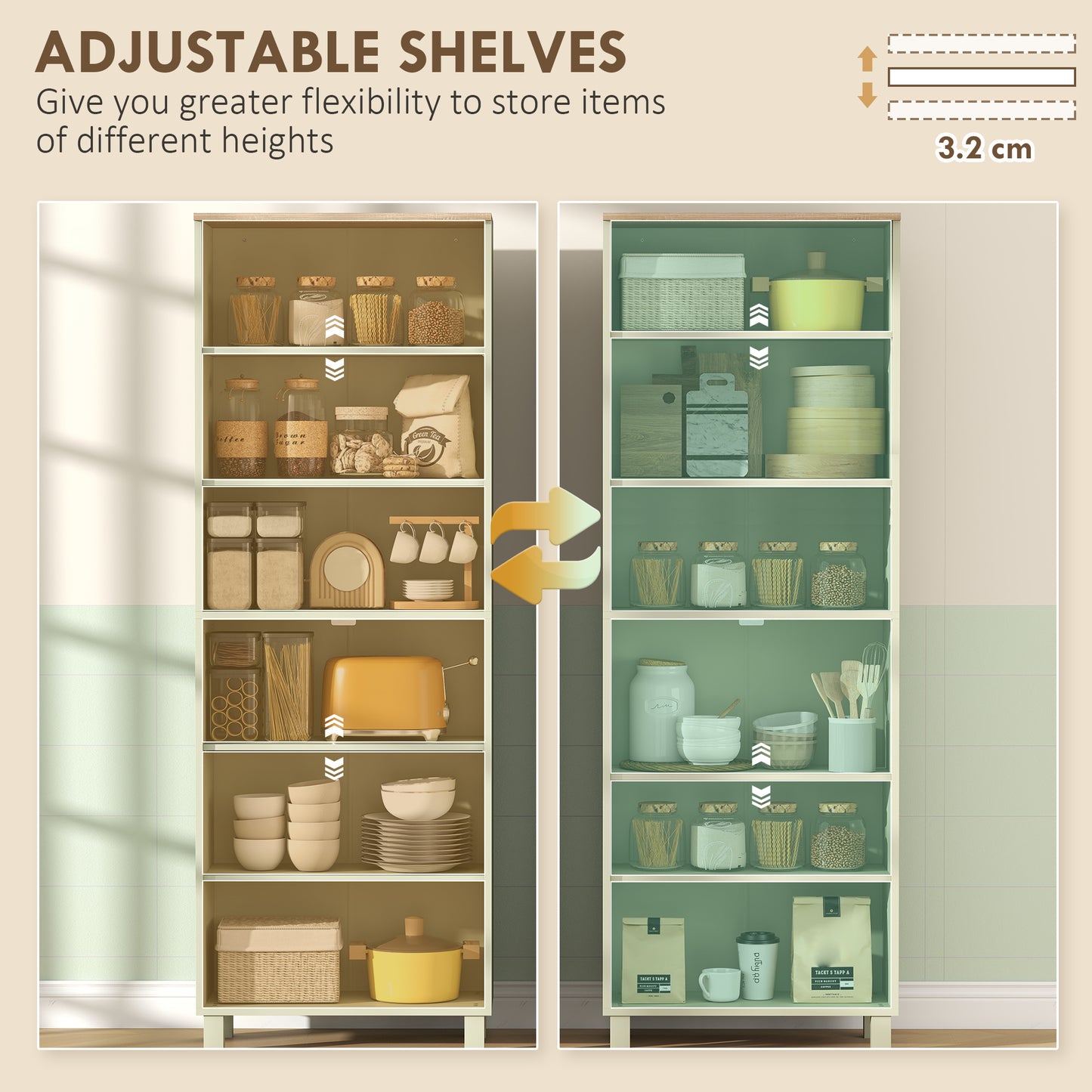 HOMCOM Freestanding Kitchen Cupboard, 4-Door Storage Cabinet with Adjustable Shelves, Modern Kitchen Pantry, 170cm, Green