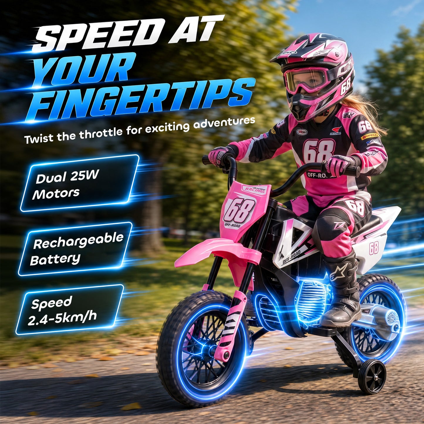 AIYAPLAY Kids Electric Motorcycle, 12V Ride On Motorbike with Training Wheels, Soft Start, Suspension, Music for 3â€“6 Years, Pink