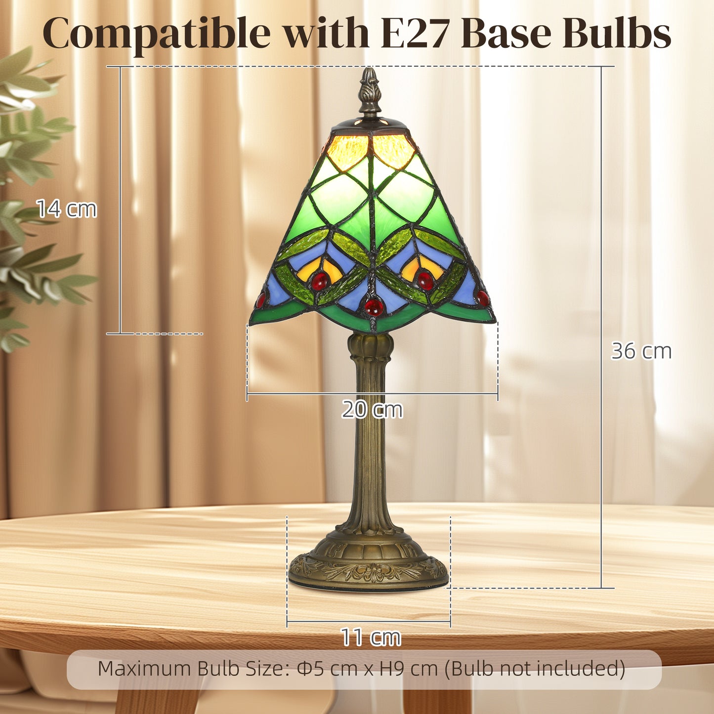 HOMCOM Tiffany-Style Table Lamp with Geometric Patterns, Handcrafted Antique Stained Glass Bedside Lamp for Living Room and Bedroom, E27 Socket, Green