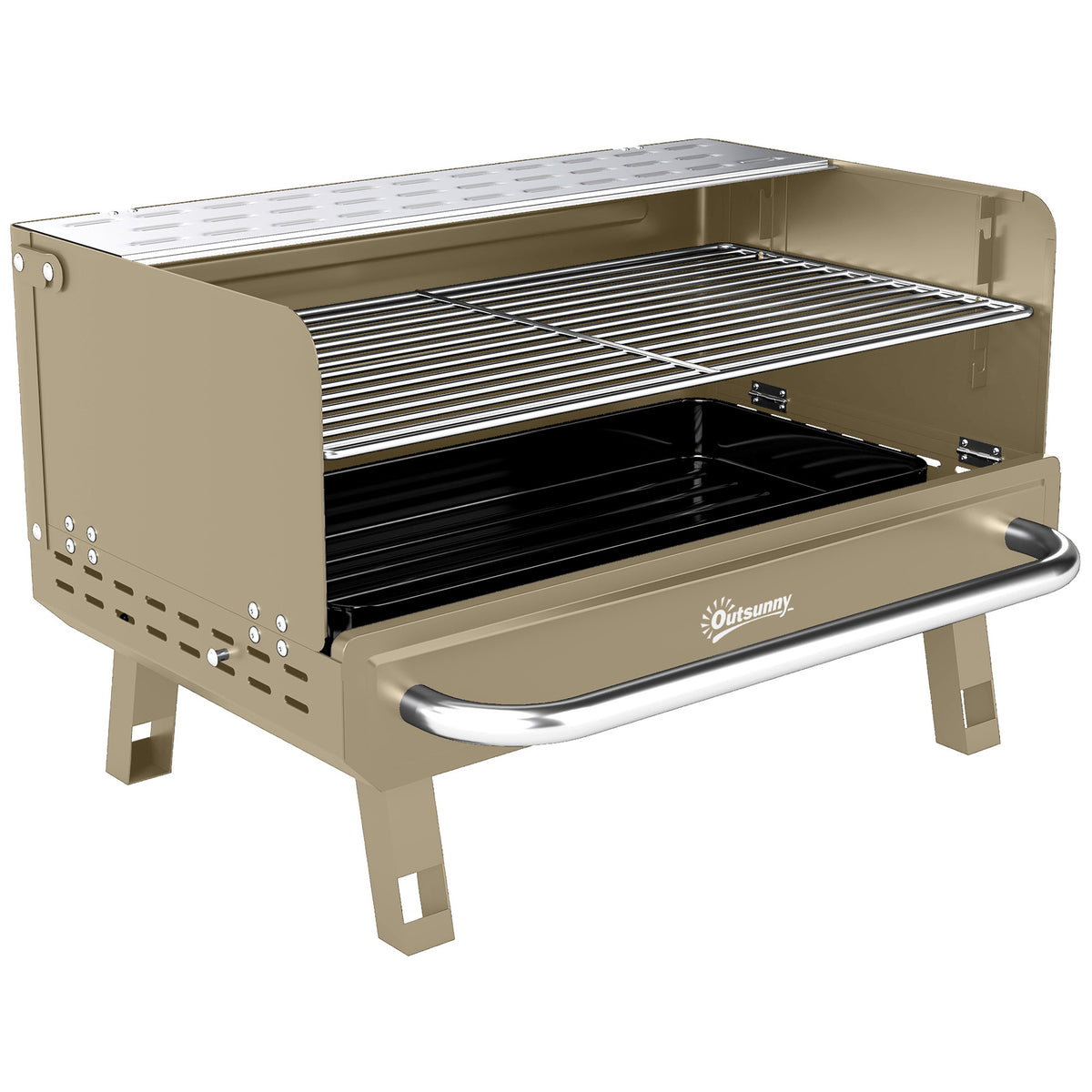 Outsunny Portable BBQ Grill, Charcoal Barbecue Grill with Adjustable Grates, Foldable Legs, Side Shelf for Camping Travel, Khaki Default Title