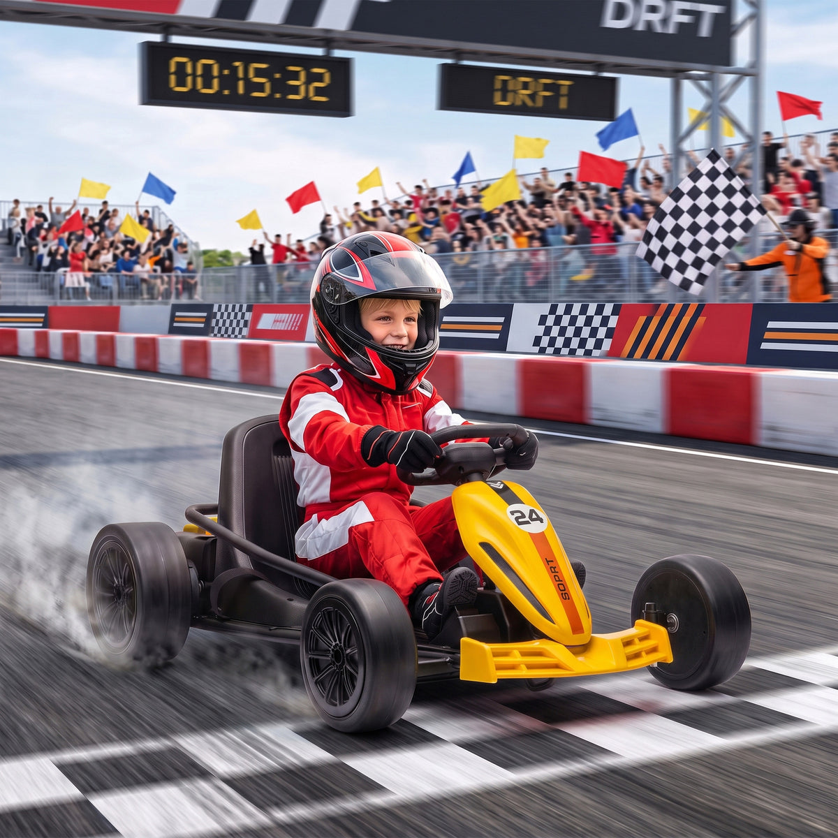 AIYAPLAY 24V Electric Go Kart for Kids, Ride On Racing Go Kart with Dual 150W Motors, 12KM/H Max Speed for Ages 6-14, Yellow