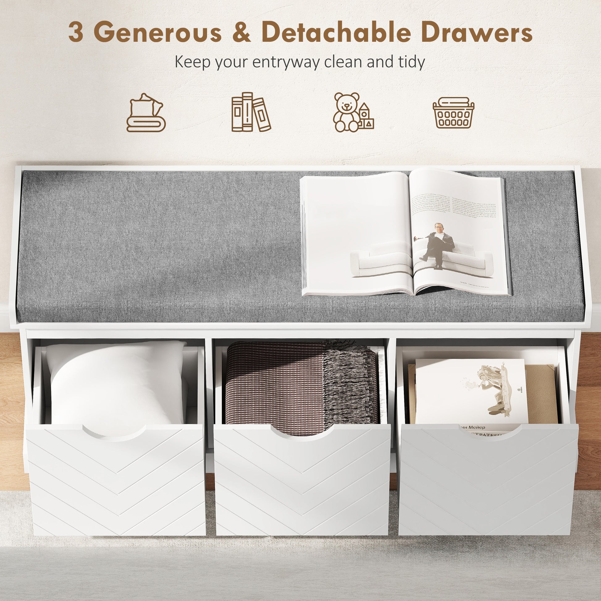 HOMCOM 3-Drawer Padded Shoe Bench with Breathable & Washable Linen-look Cover, White