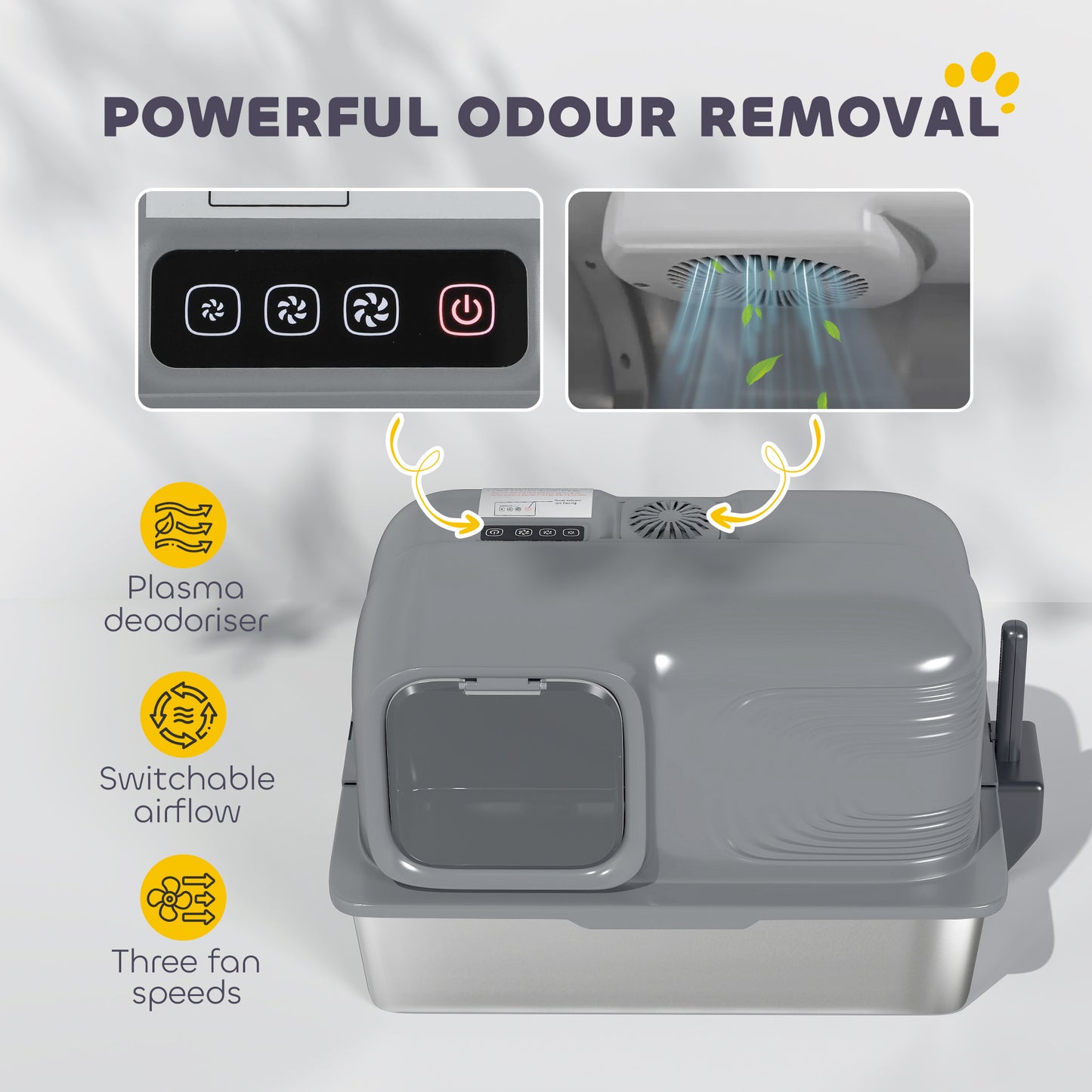 PawHut 65L Extra Large Stainless Steel Litter Tray with Plasma Deodoriser System, High Sided, Easy to Clean & Odour-Resistant