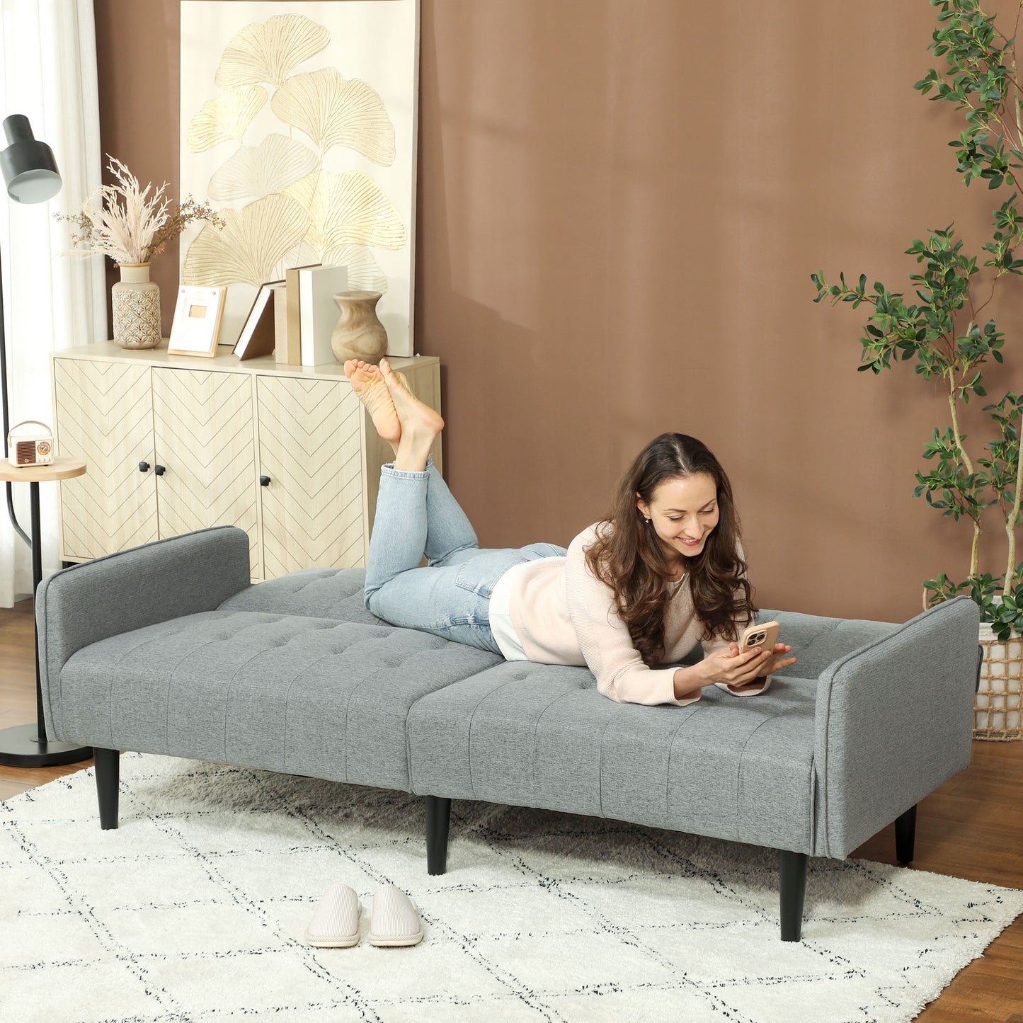 HOMCOM Three-Seater Sofa Bed, with Cupholders - Light Grey