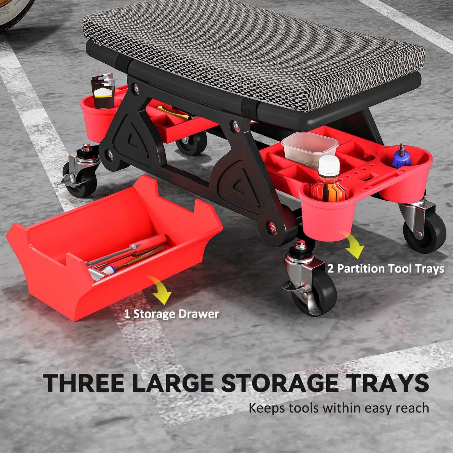 HOMCOM Rolling Mechanic Stool, 135kg Capacity Workshop Stool, 360° Swivel Roller Padded Creeper Seat with Wheels, Slide Out Tool Trays and Drawer for Garage, Shop, Auto Repair, Black