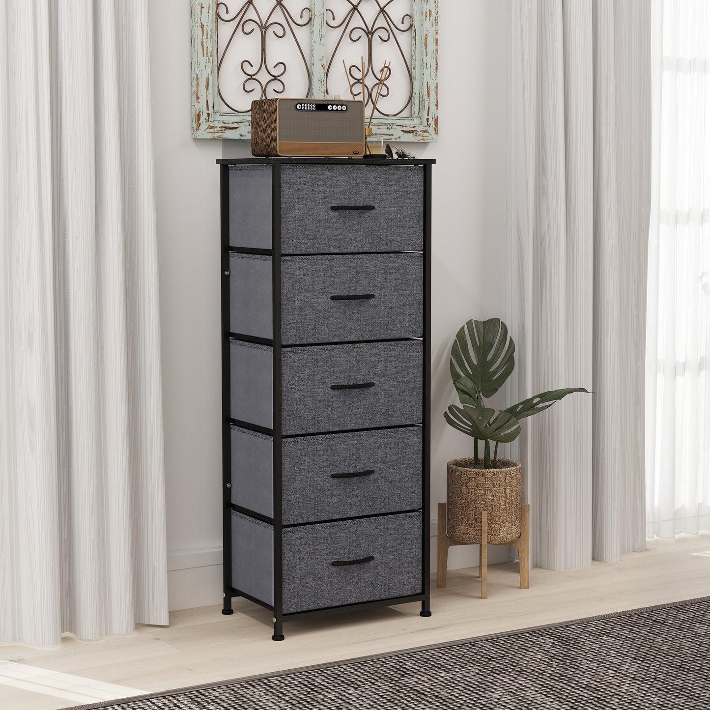 HOMCOM Fabric Chest of Drawers, Industrial Bedroom Dresser with 5 Fabric Drawers, Steel Frame and Wooden Top for Nursery, Living Room, Hallway, Dark Grey