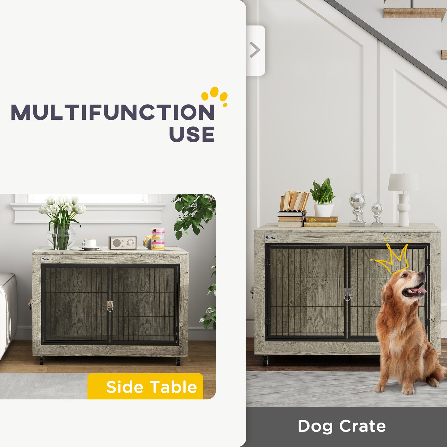 PawHut Dog Crate Furniture with Wheels, Double Doors, for Large Dogs, Grey