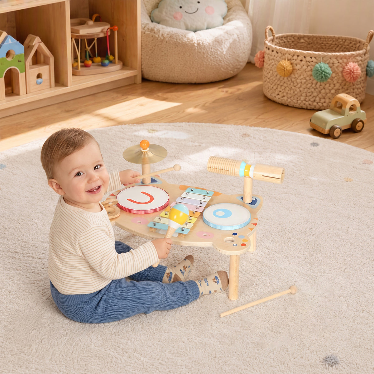 AIYAPLAY Kids Drum Kit, Wooden Musical Instruments with Xylophone, 2 Drums, Cymbal, Shaker, Wood Block, Gift for 18 M-6 Years