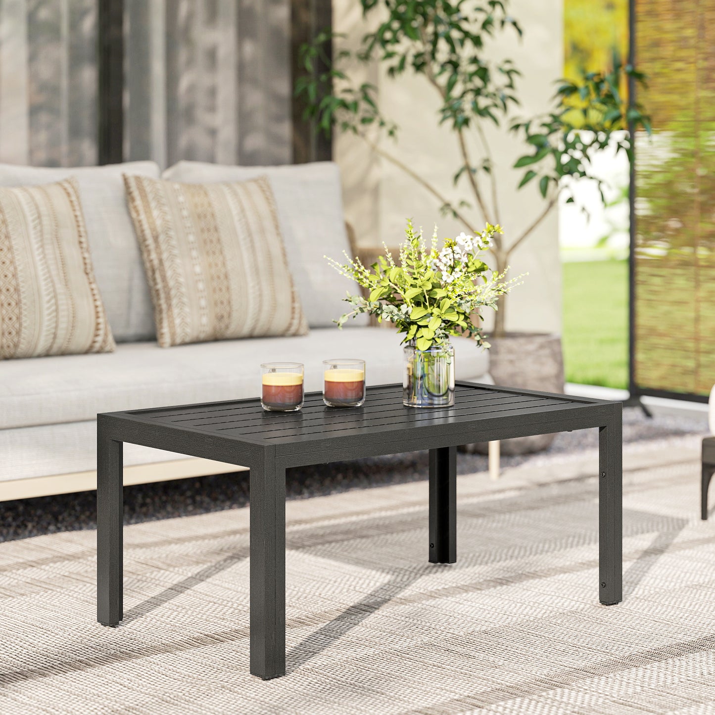 Outsunny Outdoor Side Table, Rectangular Patio Coffee Side Table with Steel Frame and Slat Tabletop for Garden, Balcony, Grey