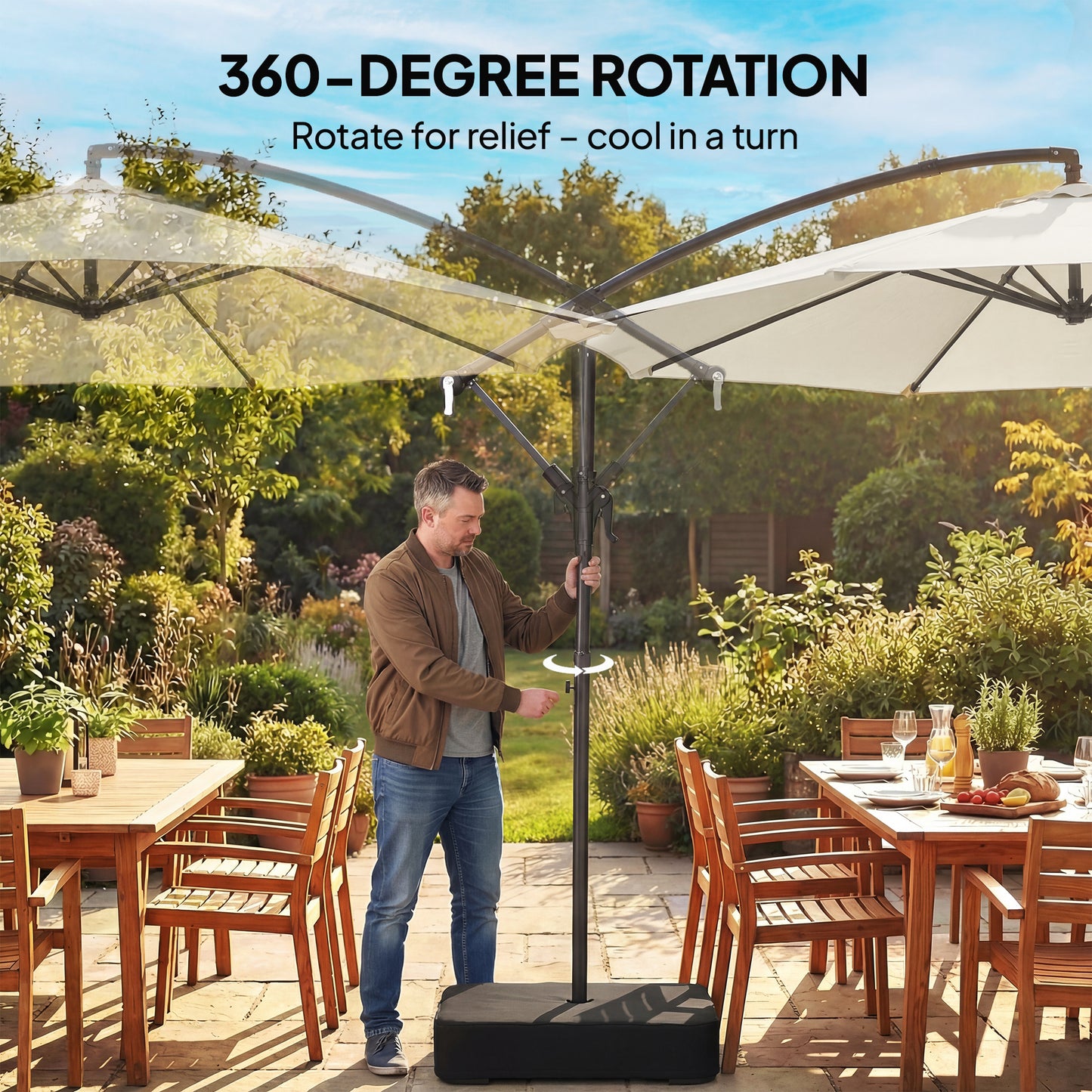 Outsunny 3 m Garden Cantilever Parasol with Cross Base, Sandbag, 360Â° Rotating Overhanging Banana Umbrella, Cream White
