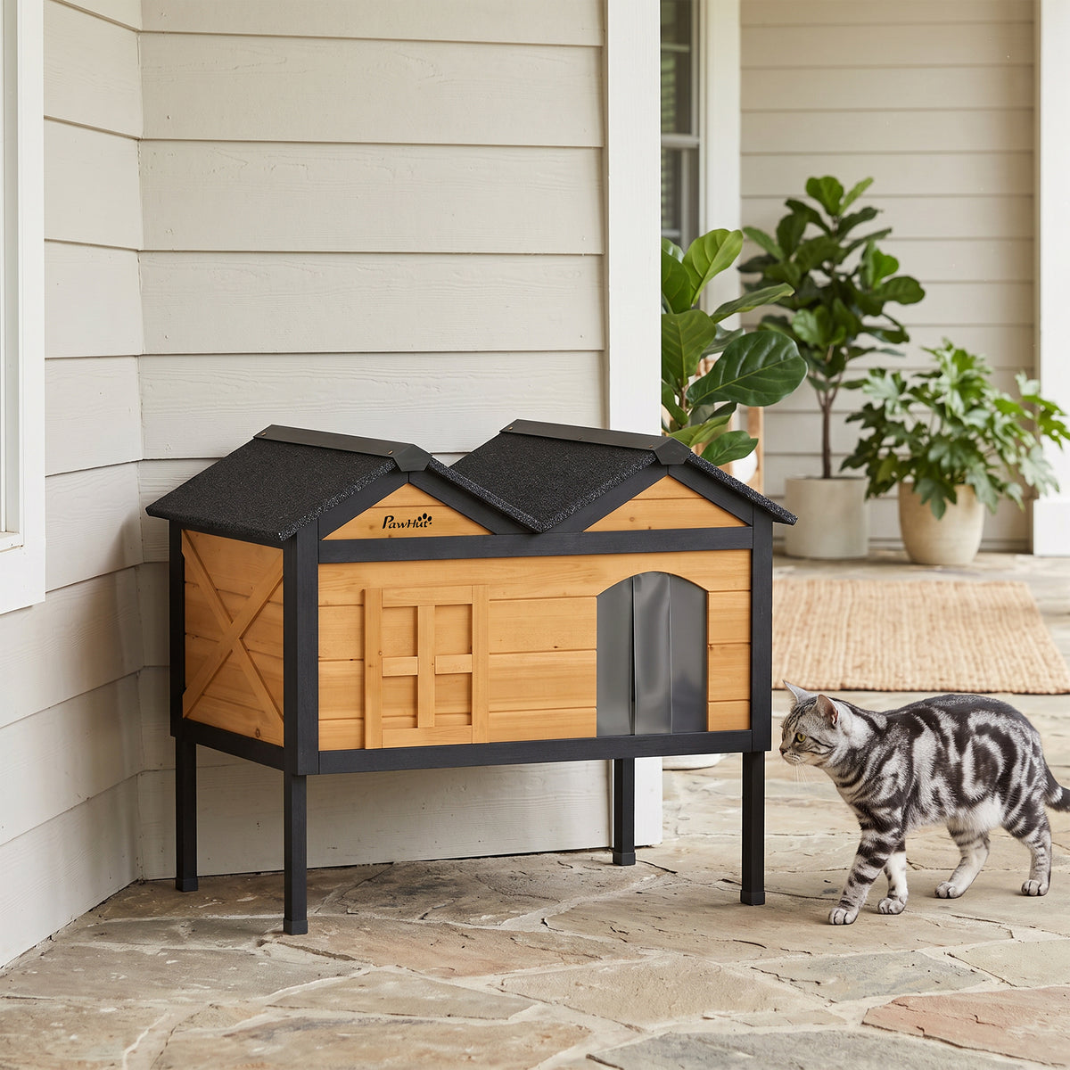 PawHut Wooden Cat House Outdoor Indoor with Weatherproof Asphalt Roof, Side Cleaning Door, PVC Curtain