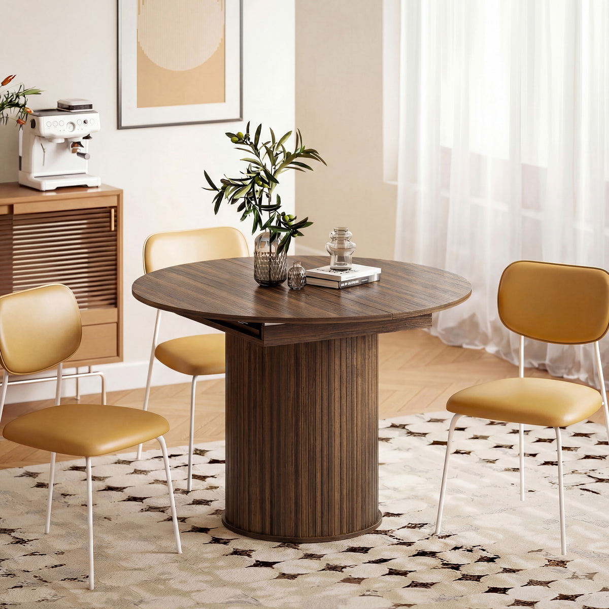 HOMCOM Extendable Round Dining Table Kitchen Table Hidden Leaf Storage Pedestal Base Seats 6-8 110-150 cm Dark Walnut