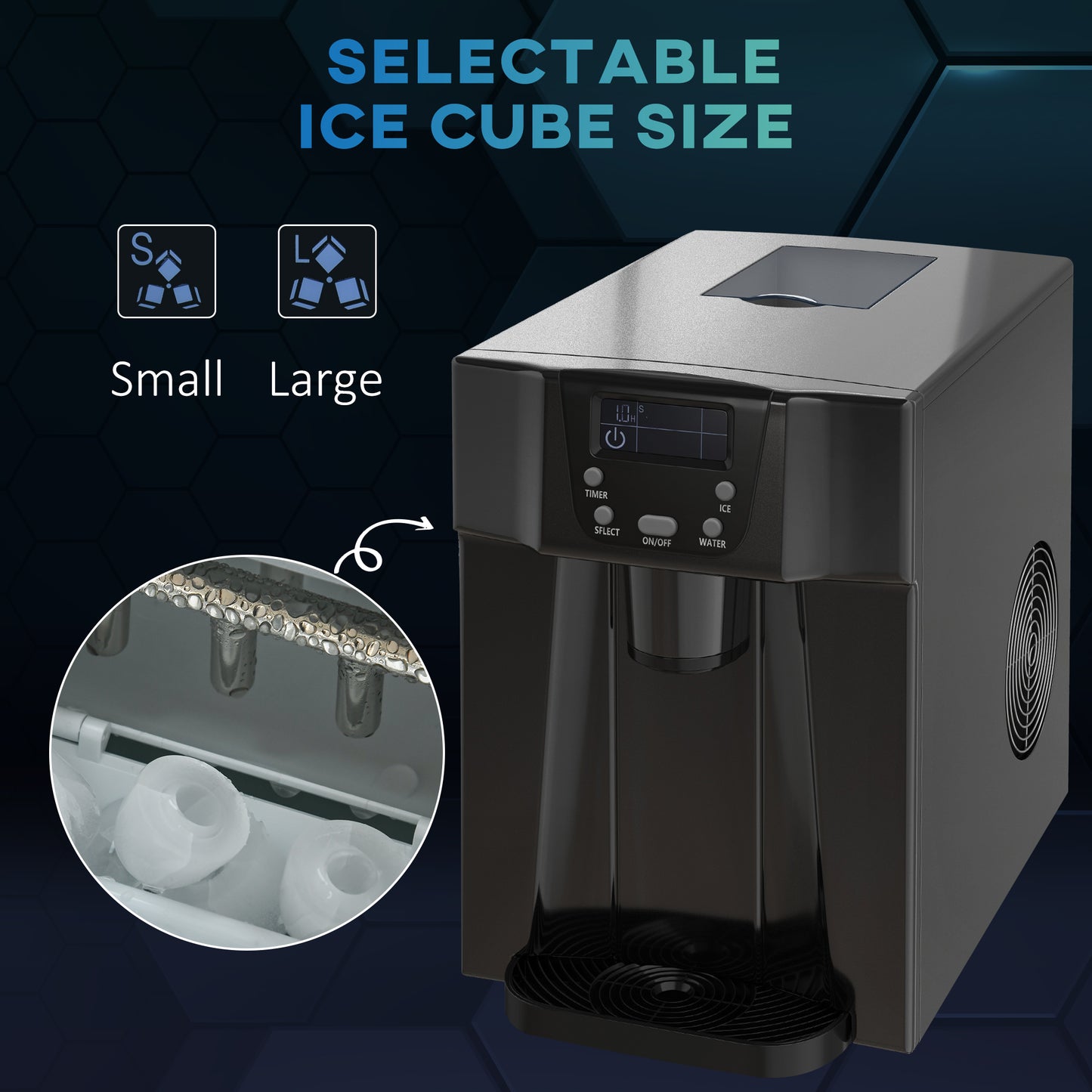 HOMCOM 3L Ice Maker Machine and Water Dispenser, 12kg in 24H, 2 Sizes 9 Ice Cubes Ready in 6-10 Mins Ice Machine, Black