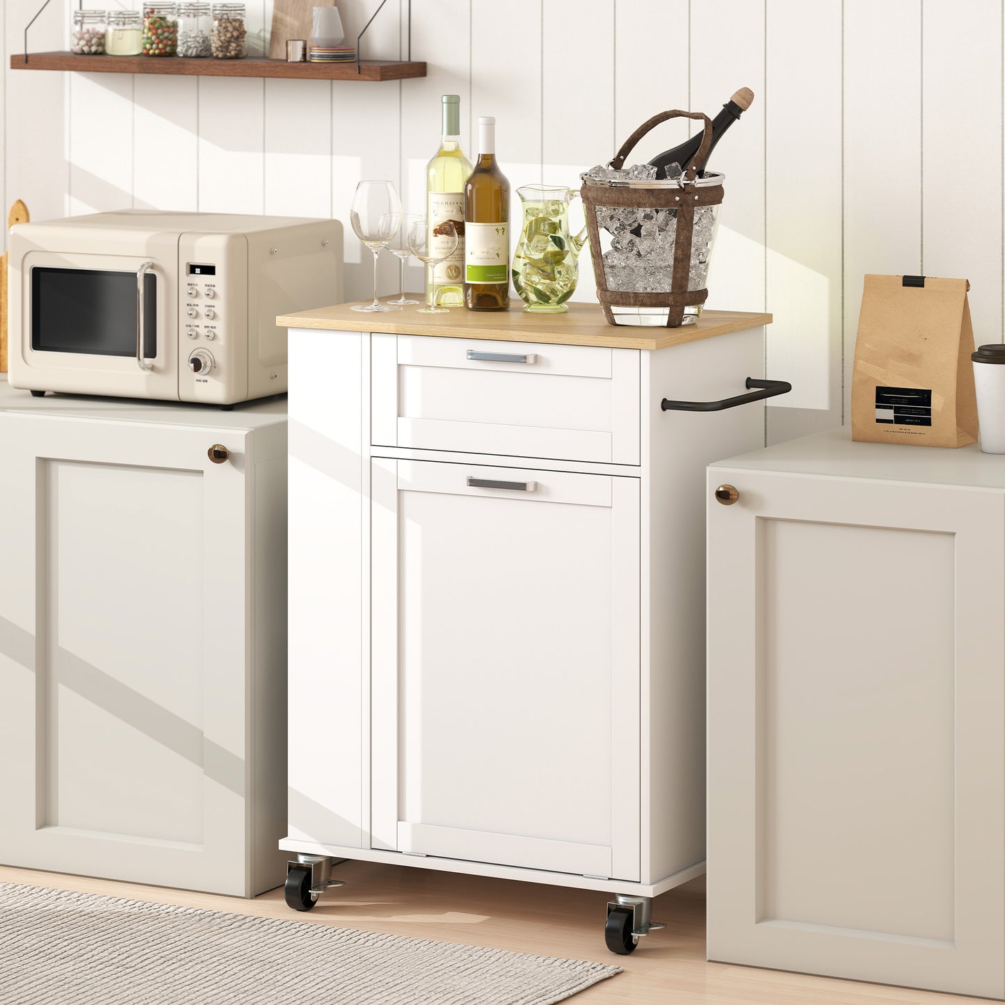 HOMCOM Kitchen Storage Trolley on Wheels, Rolling Kitchen Island with 2 Drawers, Tilt-Out Rubbish Cabinet and Storage, White