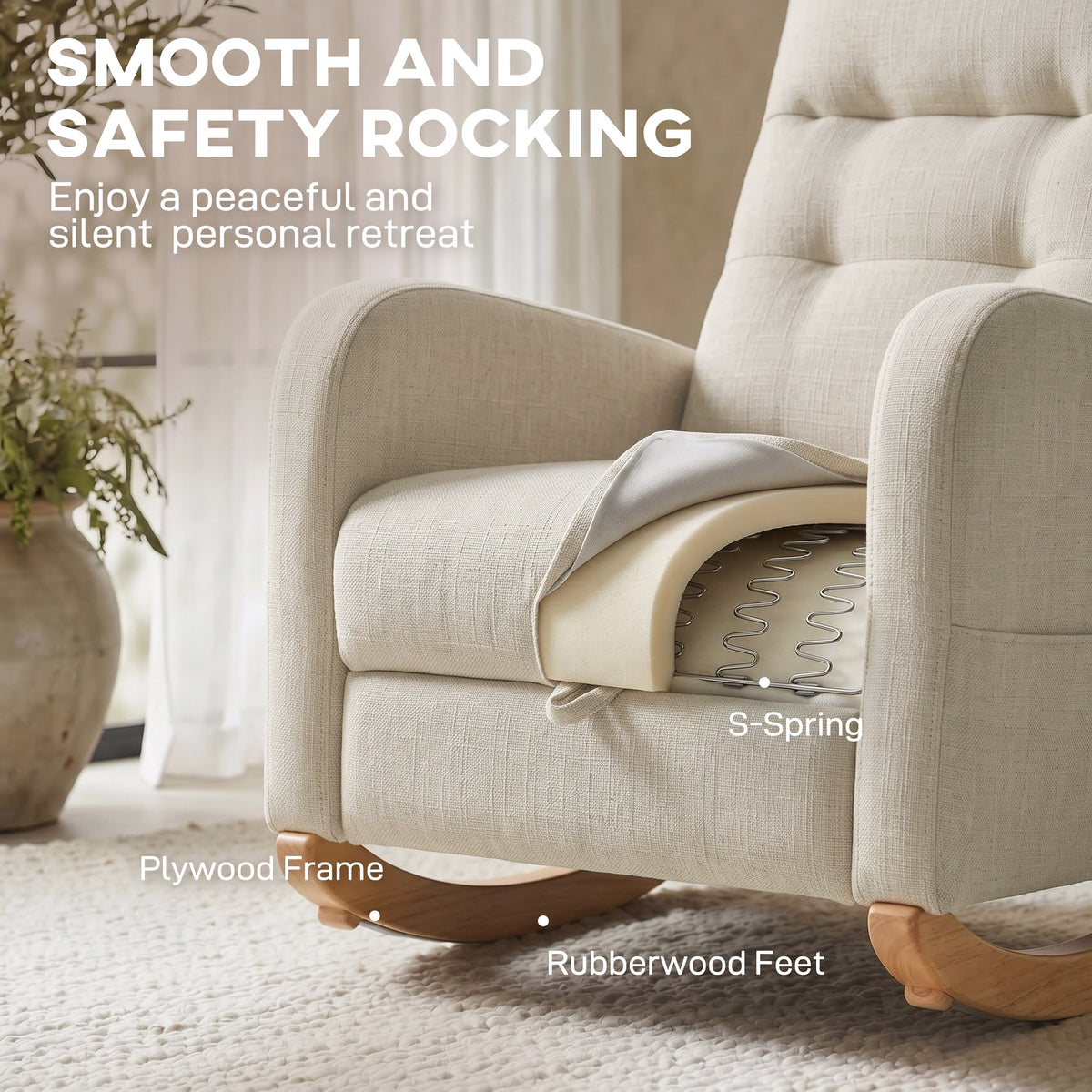 HOMCOM Upholstered Rocking Chair Retractable Footrest Rocker Chair High Back for Living Room Cream White