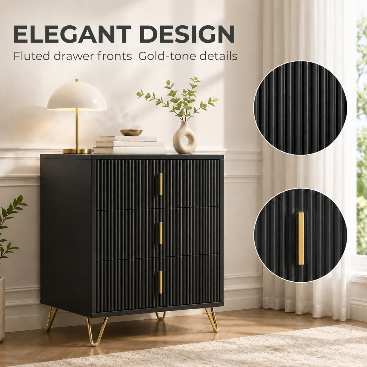 HOMCOM Modern 3-Drawer Dresser, Fluted Bedroom Dresser Chest of Drawers with Metal Legs and Steel Handles for Bedroom, Black