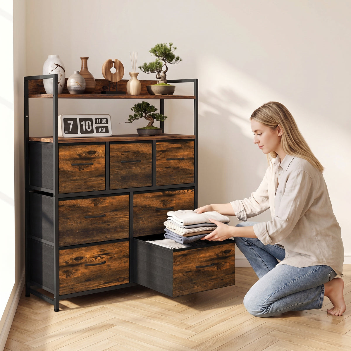 HOMCOM Chest of Drawers, Bedroom Fabric Dresser with 7 Drawers, Storage Organiser Unit with Open Shelves, Rustic Brown