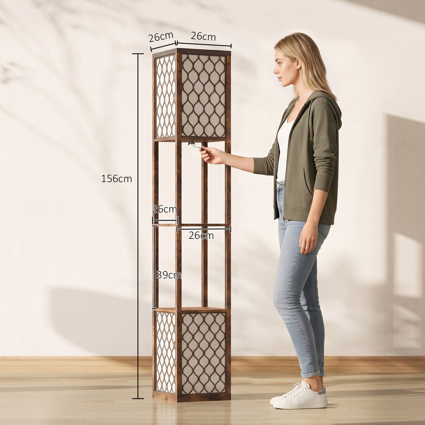 HOMCOM Floor Lamp with Shelves, Modern Tall Standing Lamp with Fabric Lampshades, Zipper Switch and Dual Light, Rustic Brown