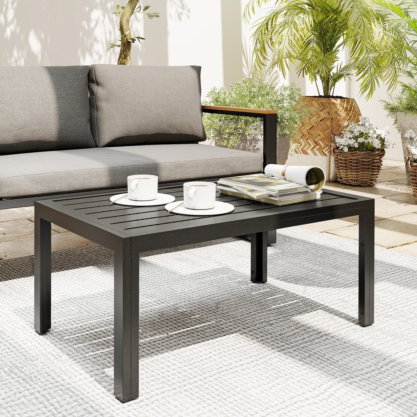 Outsunny Outdoor Side Table, Rectangular Patio Coffee Side Table with Steel Frame and Slat Tabletop for Garden, Balcony, Grey