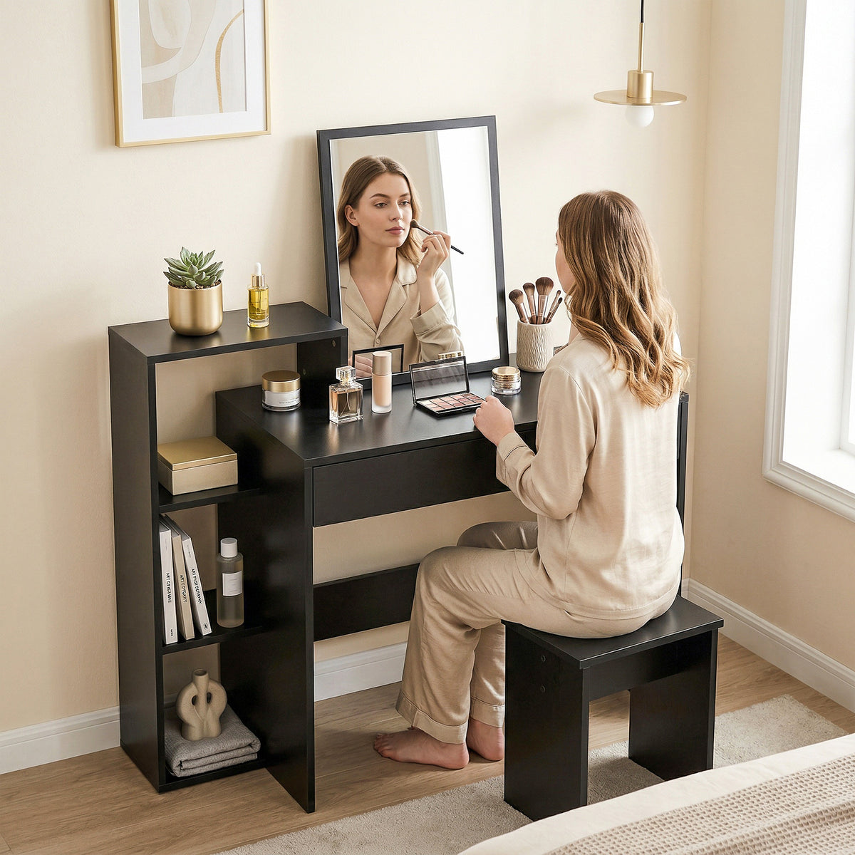 HOMCOM Desk with Storage, Computer Desk with 3 Open Shelves and Drawer, Workstation, Computer Table, Black