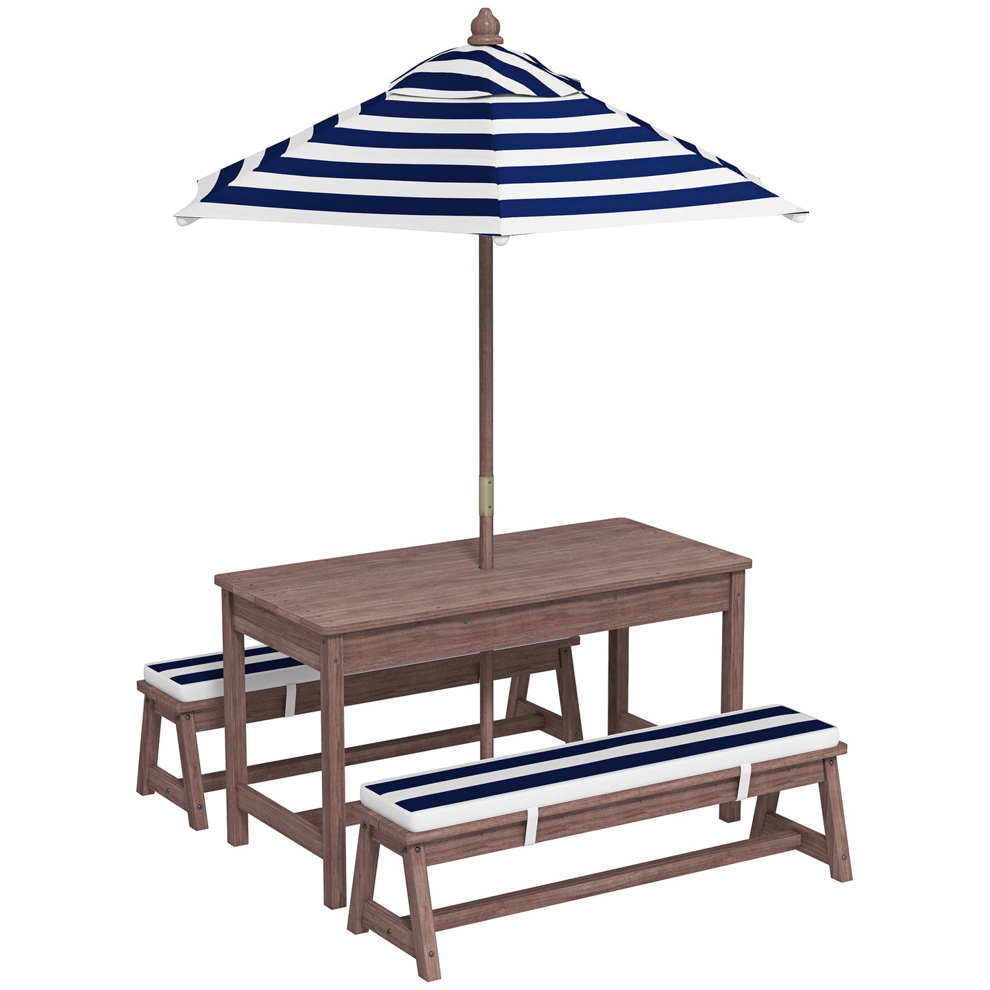 AIYAPLAY Outdoor Wooden Kids Picnic Table & Bench Set with Cushions and Umbrella, for Patio, Garden, Navy Blue Default Title