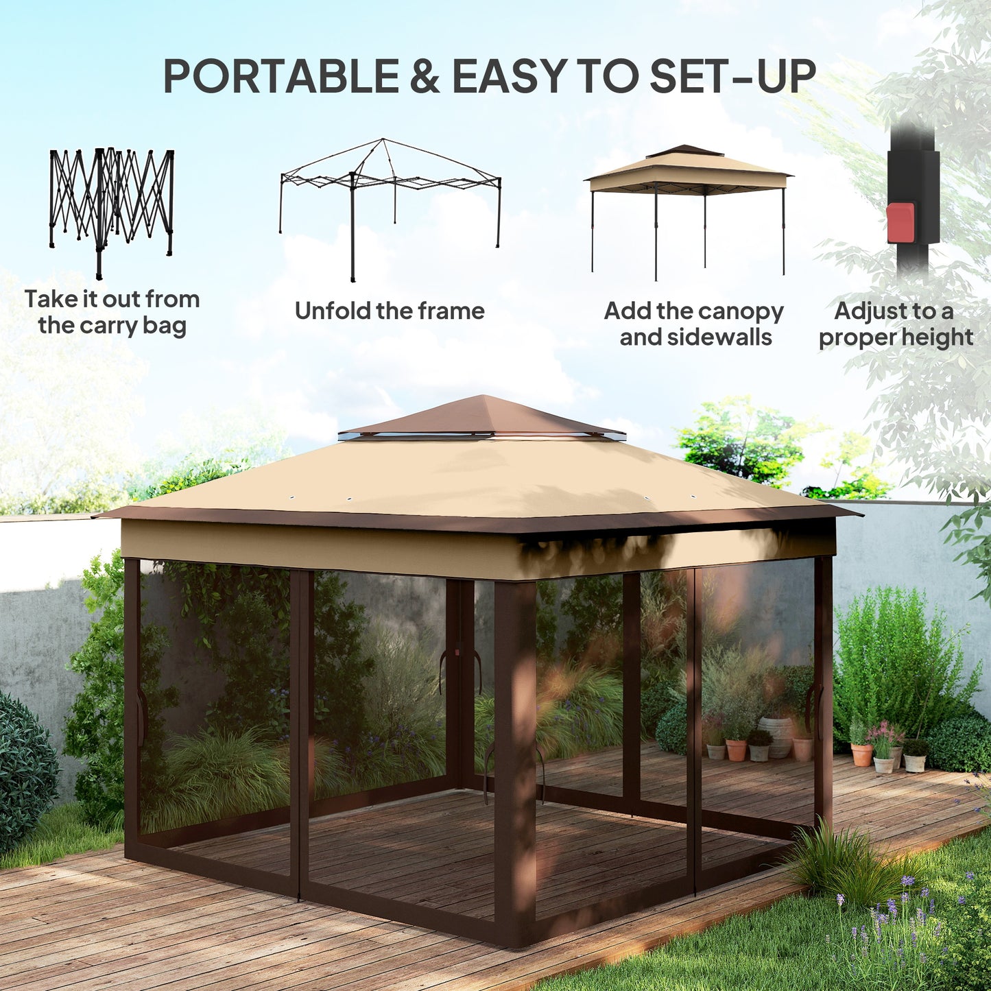 Outsunny 3 x 3(m) Pop Up Gazebo, Height Adjustable Instant Event Shelter with Netting and Carrying Bag, Beige