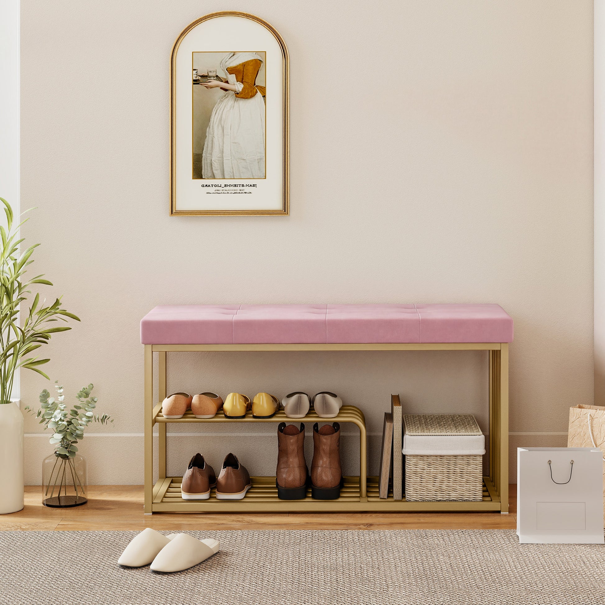 HOMCOM Bench and Shoe Storage, Tufted Shoe Storage Bench with Velvet Seat Cushion Gold Steel Frame for Entryway, Pink