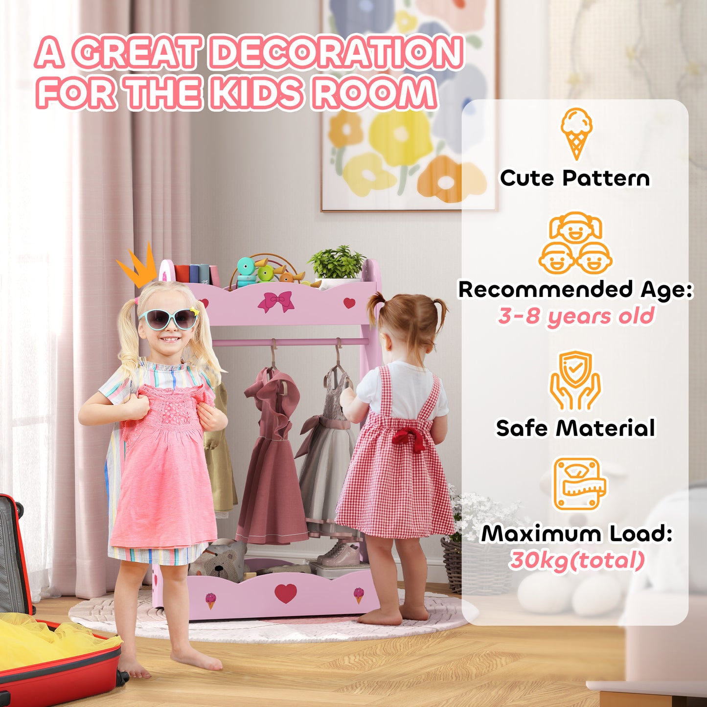 AIYAPLAY Kids Clothes Rail, Kids Dressing Mirror with 360° Rotating, 2 Piece Kids Furniture Set with Storage Shelves, Pink
