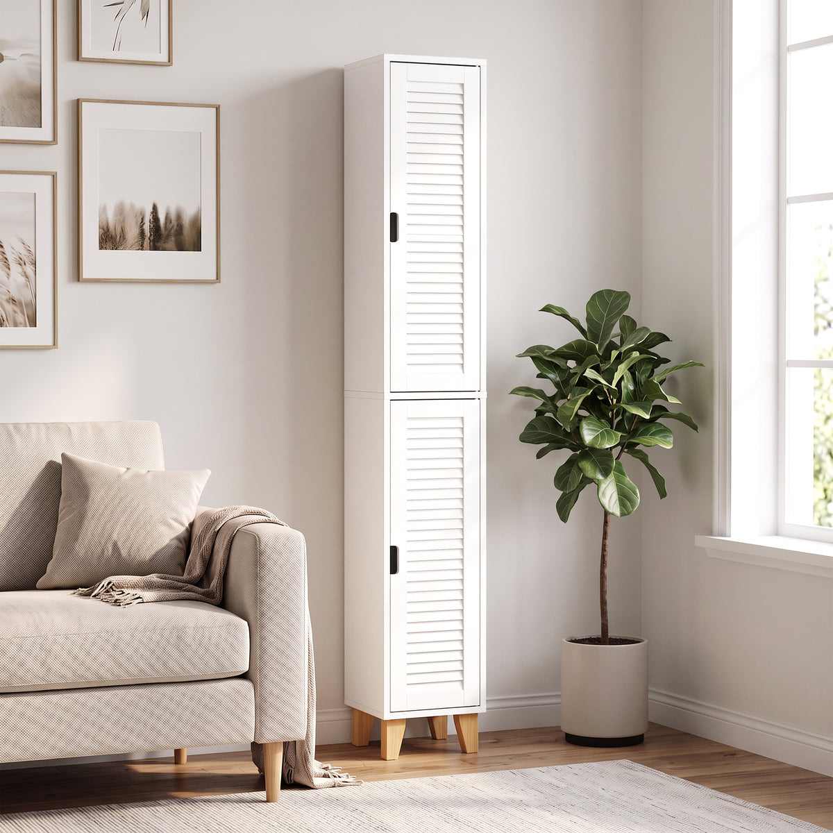 HOMCOM 170cm Tall Bathroom Storage Cabinet, Freestanding Bathroom Cabinet with Louvered Doors, Adjustable Shelf, White
