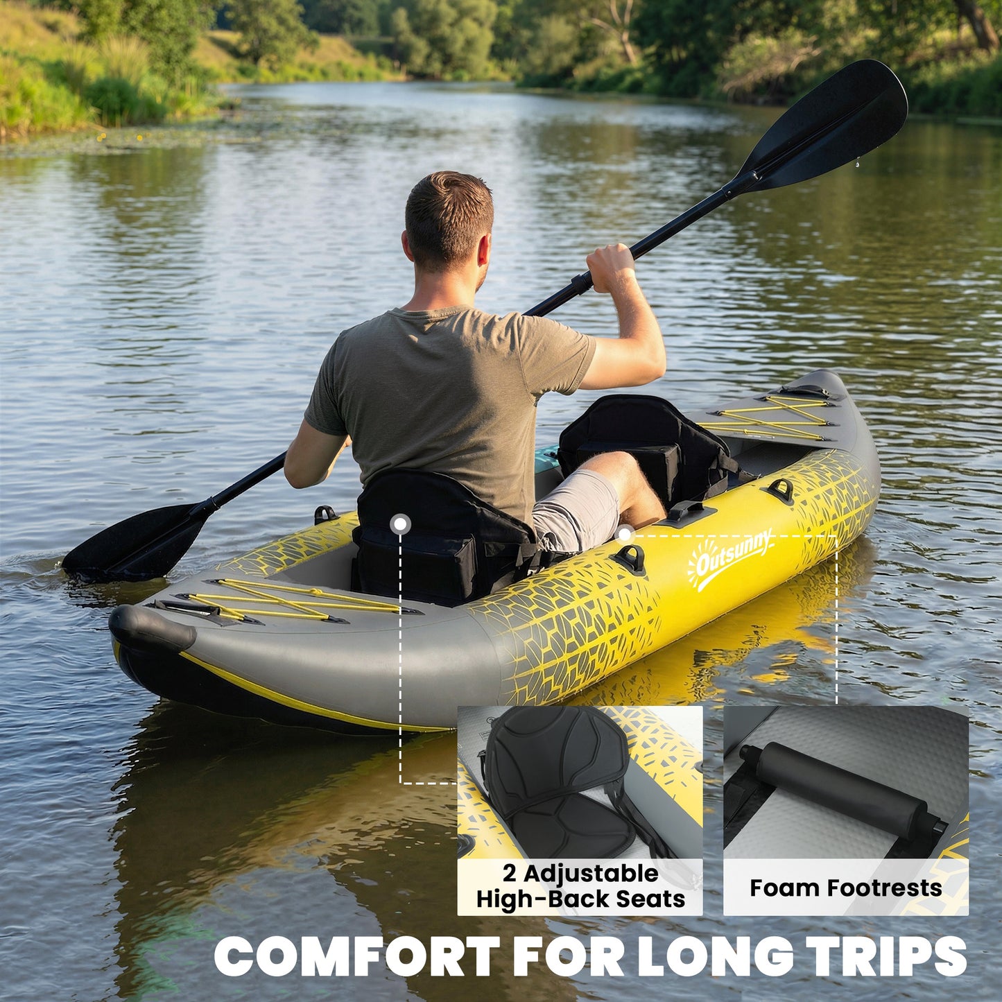 Outsunny 12.5' Inflatable Kayak Set, 2-person Sit on Canoe with Aluminium Oars, Grey and Yellow
