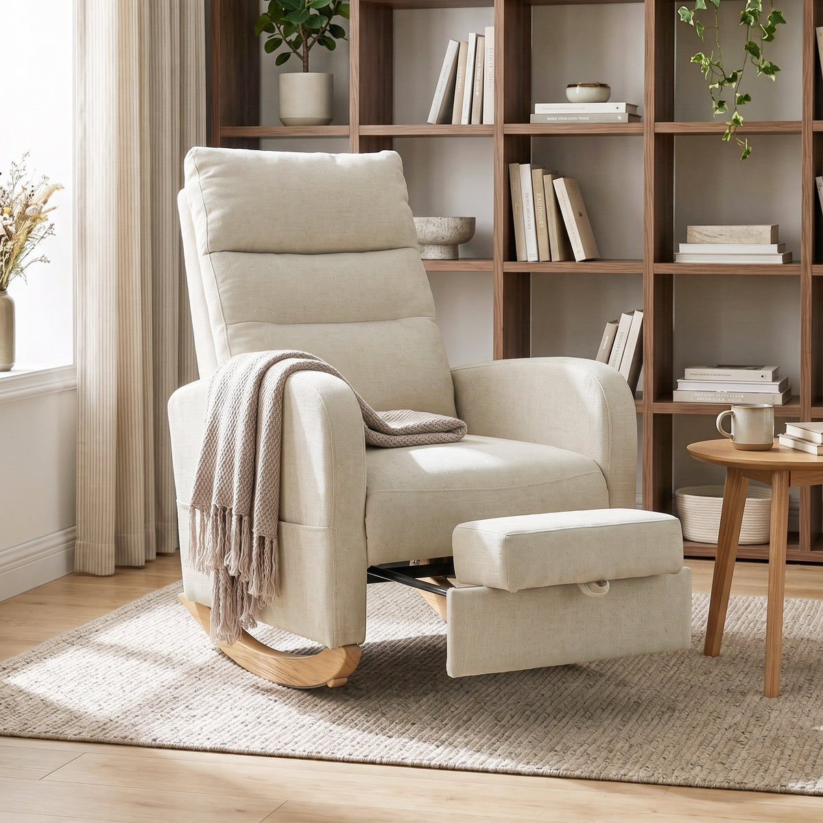 HOMCOM Upholstered Rocking Chair Retractable Footrest Rocker Chair High Back for Living Room Cream White