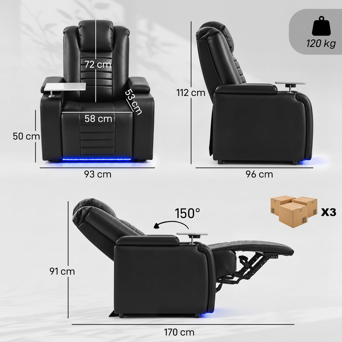 HOMCOM Electric Recliner Armchair w/ Type C+USB, LED Light, PU Leather Cinema Recliner Chair w/ Storage, Tray Table, Black