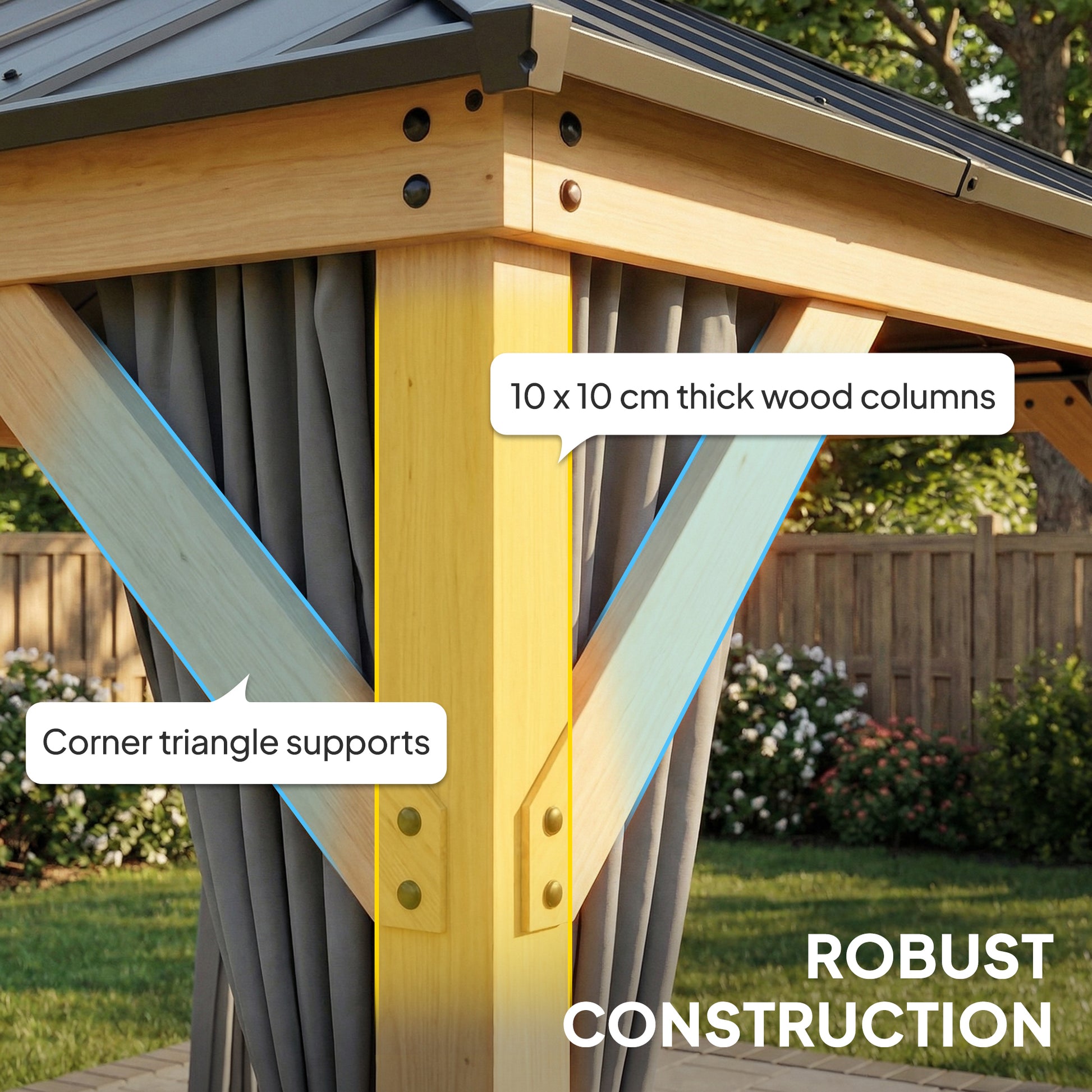 Outsunny 3 x 3 m Outdoor Hardtop Gazebo Canopy with 2-Tier Steel Roof, Wood Garden Gazebo with Curtains, Grey