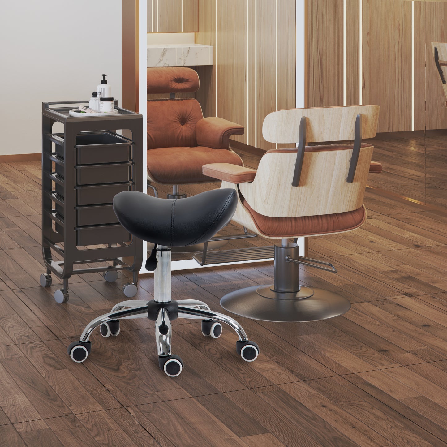 HOMCOM Cosmetic Stool 360Â° Rotate Height Adjustable Salon Massage Spa Chair Hydraulic Rolling Faux Leather Saddle Stool Mobility, Black