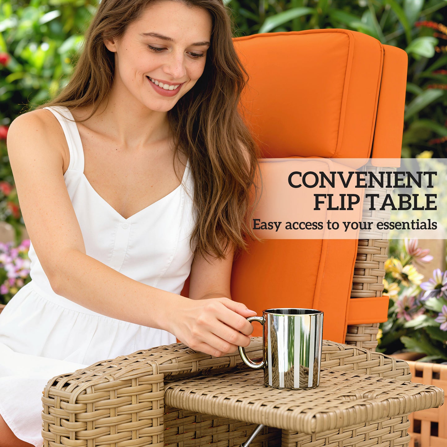 Outsunny 145Â° Reclining Rattan Armchair, with Footrest - Khaki/Orange