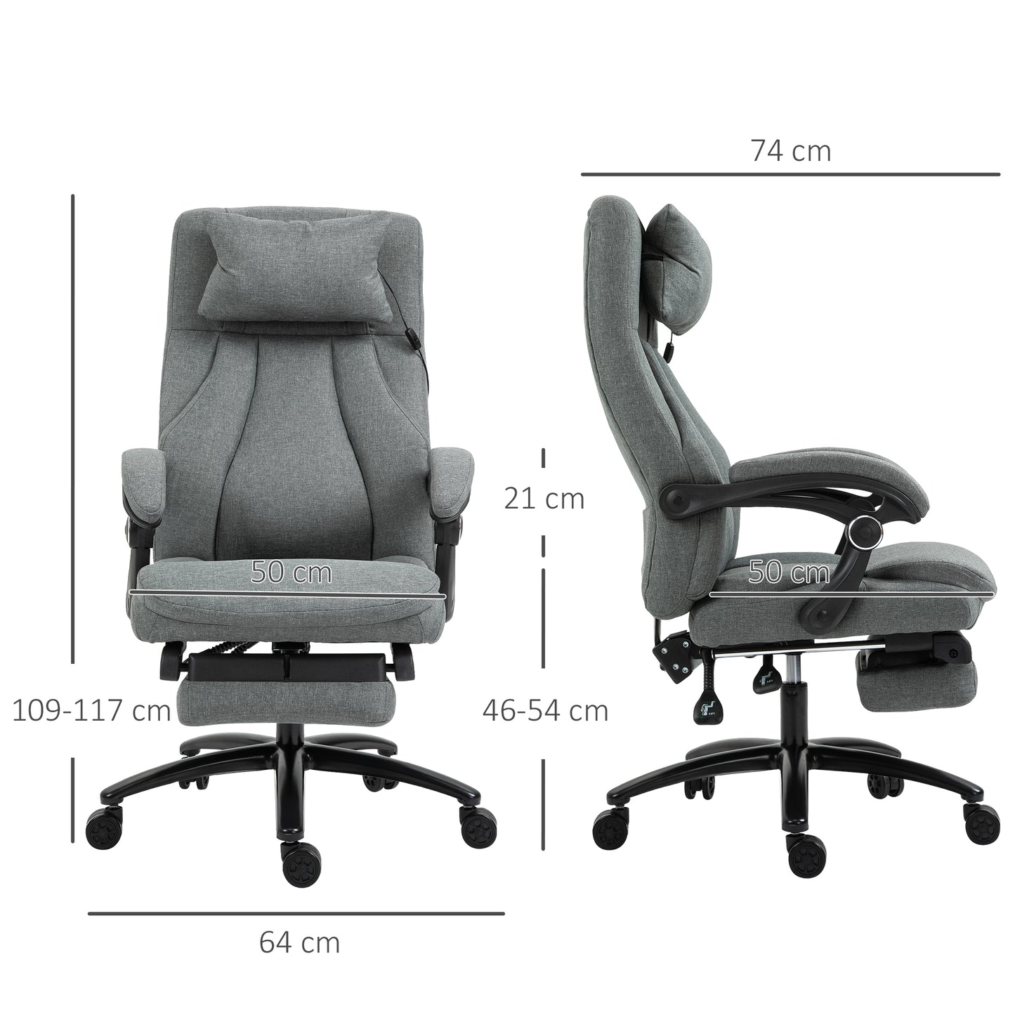 Vinsetto Office Chair, Fabric Desk Chair with Adjustable Massage Pillow, USB Power and Retractable Footrest, High Back, 360Â° Swivel, for Home, Grey