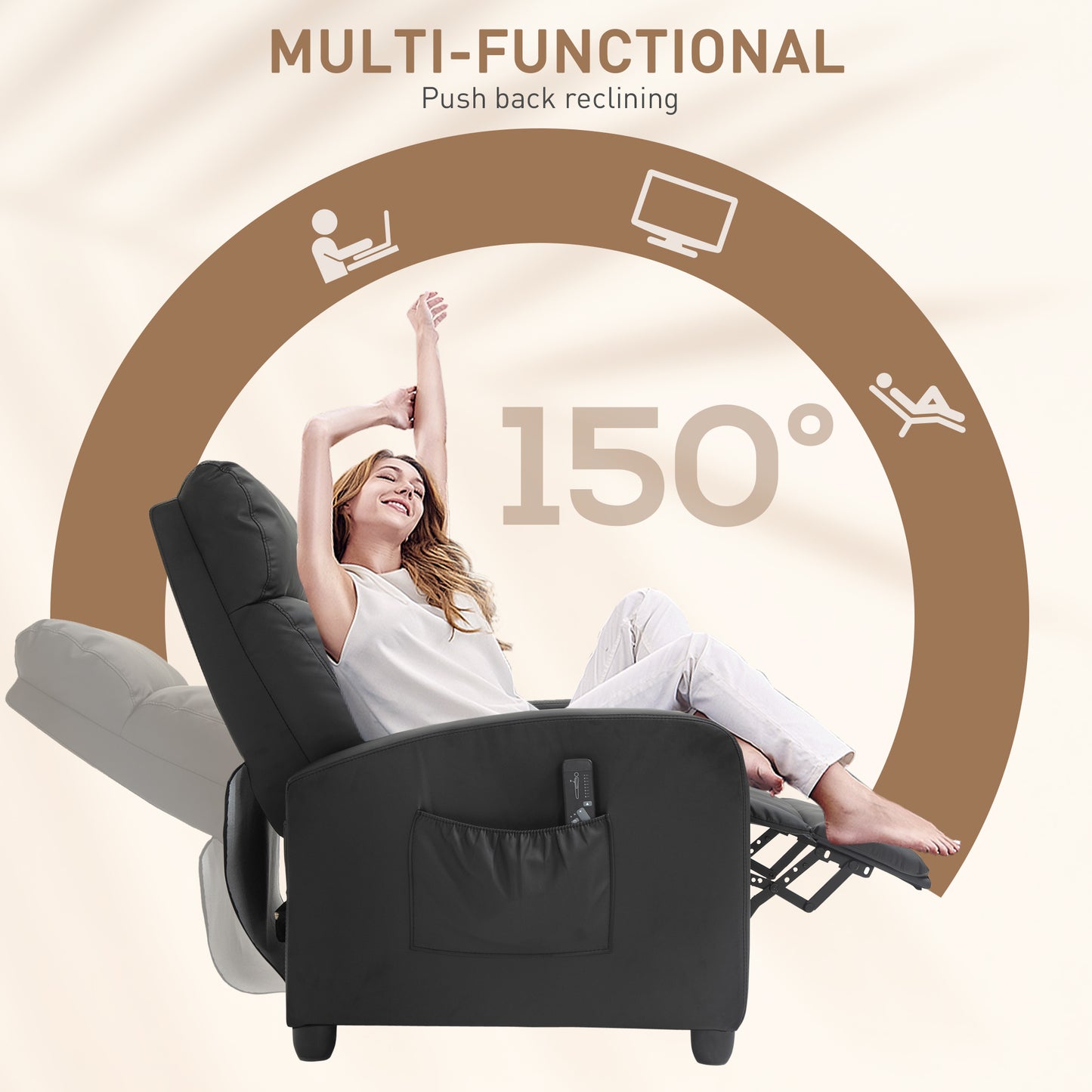 HOMCOM Massage Recliner Armchair with 150Â° Recline, Faux Leather, Side Pocket, Black