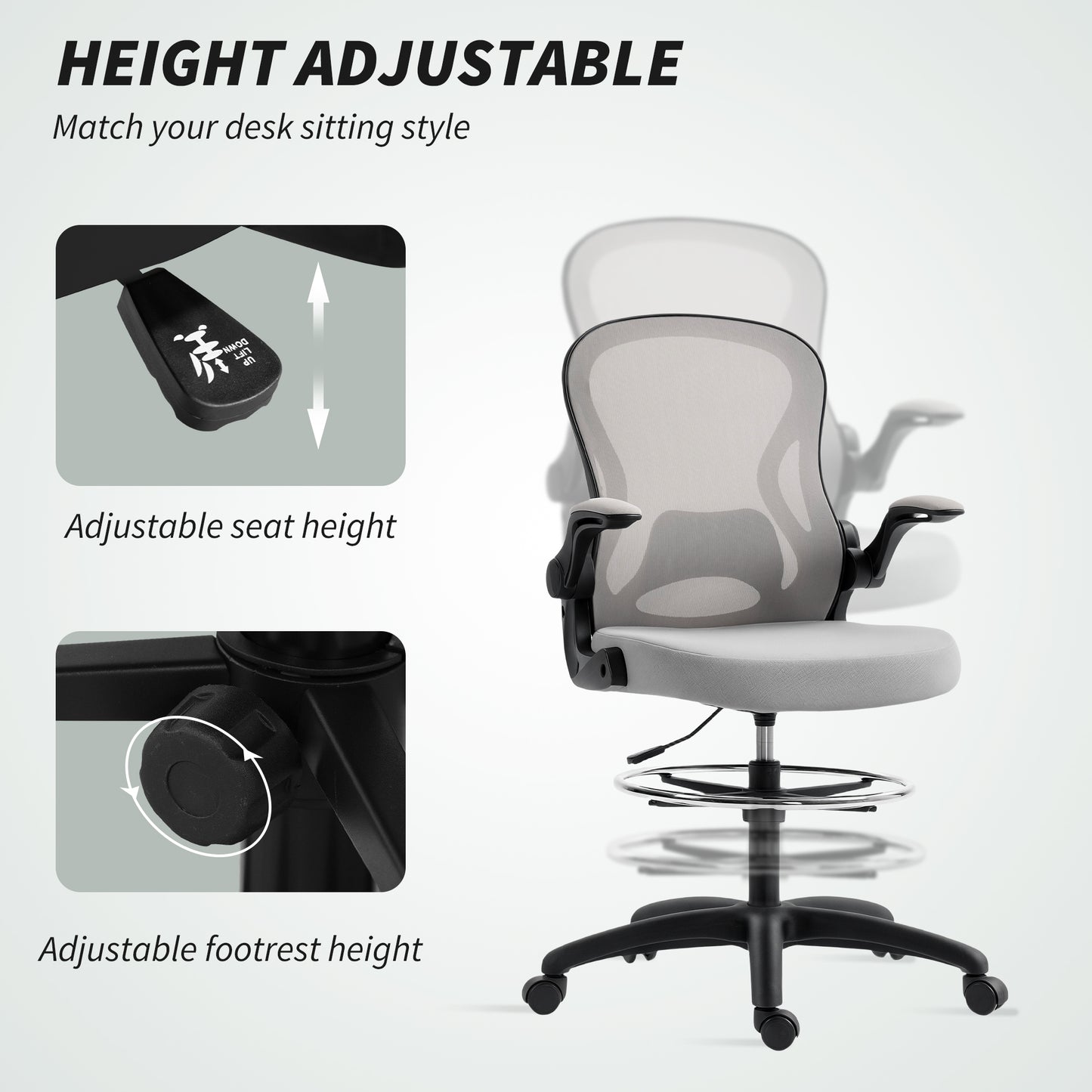 Vinsetto Adjustable Mesh Standing Desk Chair with Flip-up Armrests Lumbar Support Armrests Adjustable Footrest Ring Grey