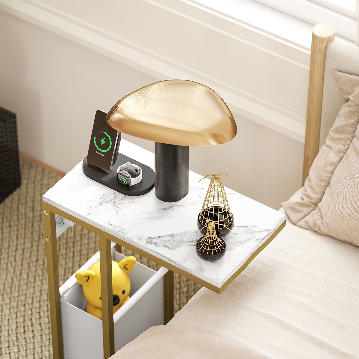 HOMCOM C Shaped Side Table with Charging Station and Faux Marble Top - White