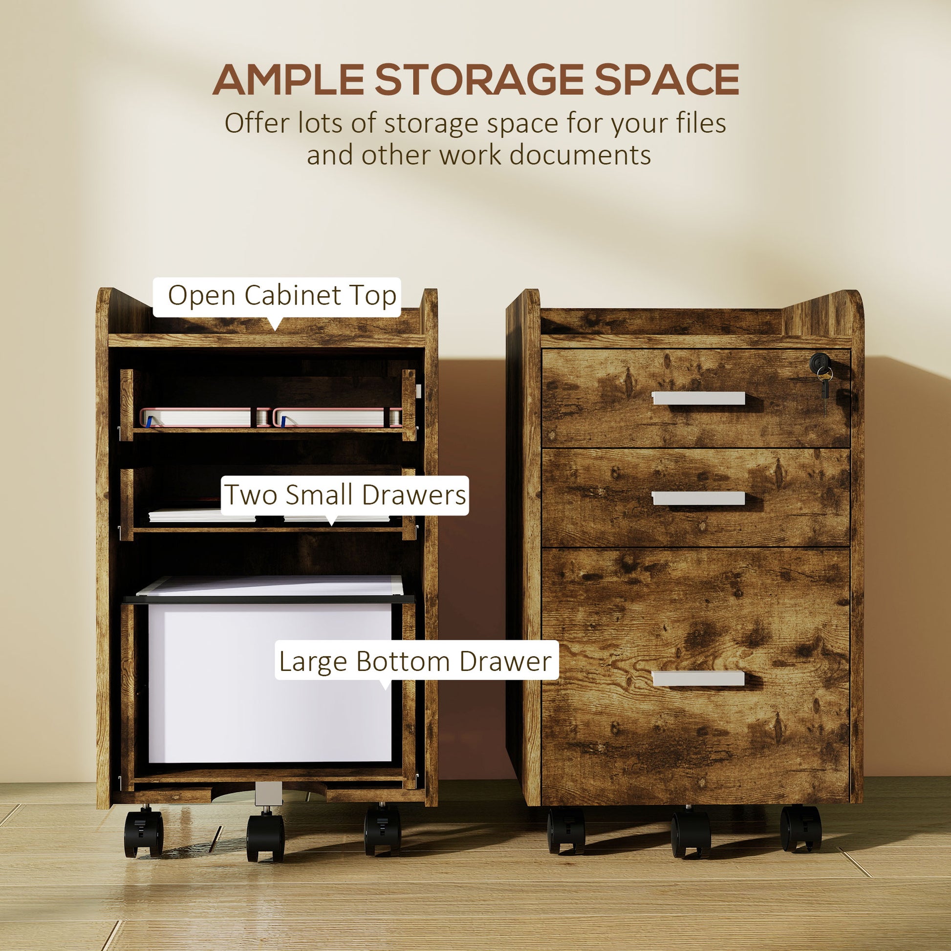 HOMCOM 3 Drawer Filing Cabinet with Lock, Rolling File Cabinet with Edged Top for Letter, A4 Size, Hanging File Folders
