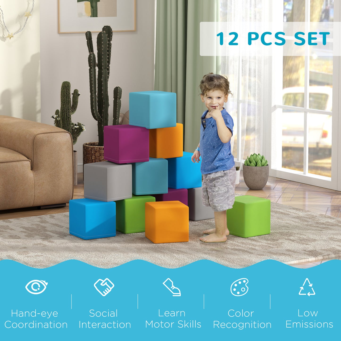HOMCOM 12 PCs Soft Play Blocks, Soft Foam Toy, Building and Stacking Blocks for Kids, Multi-colour