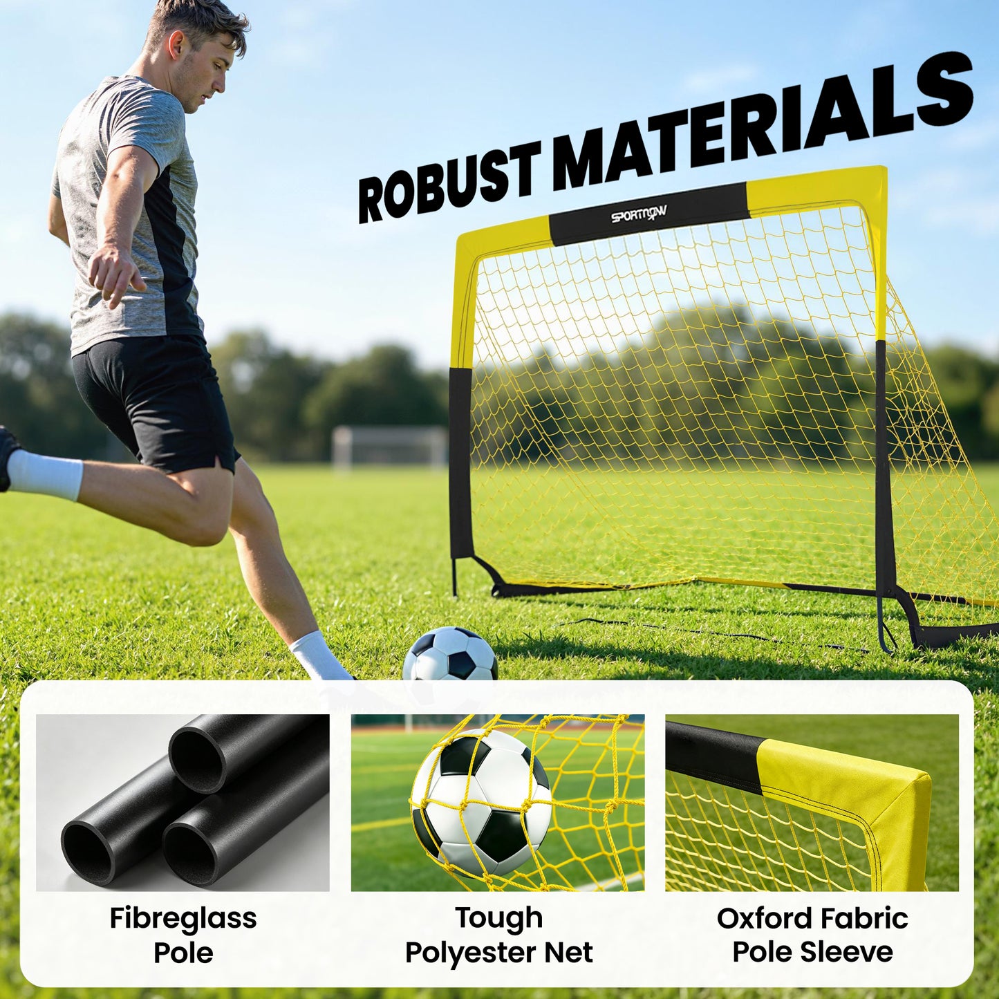 SPORTNOW Set of 2 Pop Up Football Goal, Portable Folding Football Net with Carry Bag, 8 U-Shaped Ground Stakes, Fibreglass Pole