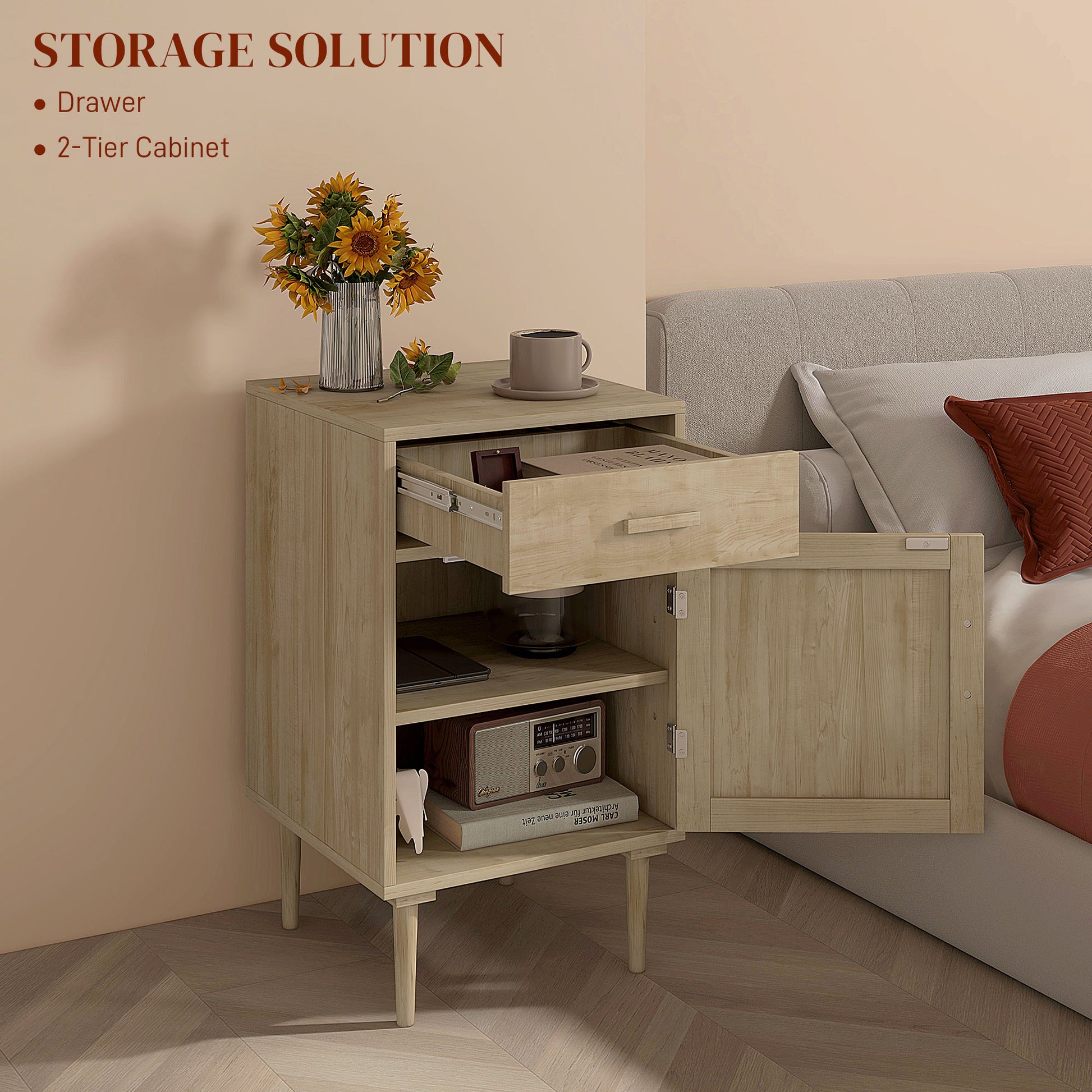 HOMCOM Bedside Tables Set of 2, Rattan Side Tables with Drawer, Cabinet and Adjustable Shelf, Boho Bedside Cabinets with Storage for Bedroom, Living Room, Natural Wood Finish